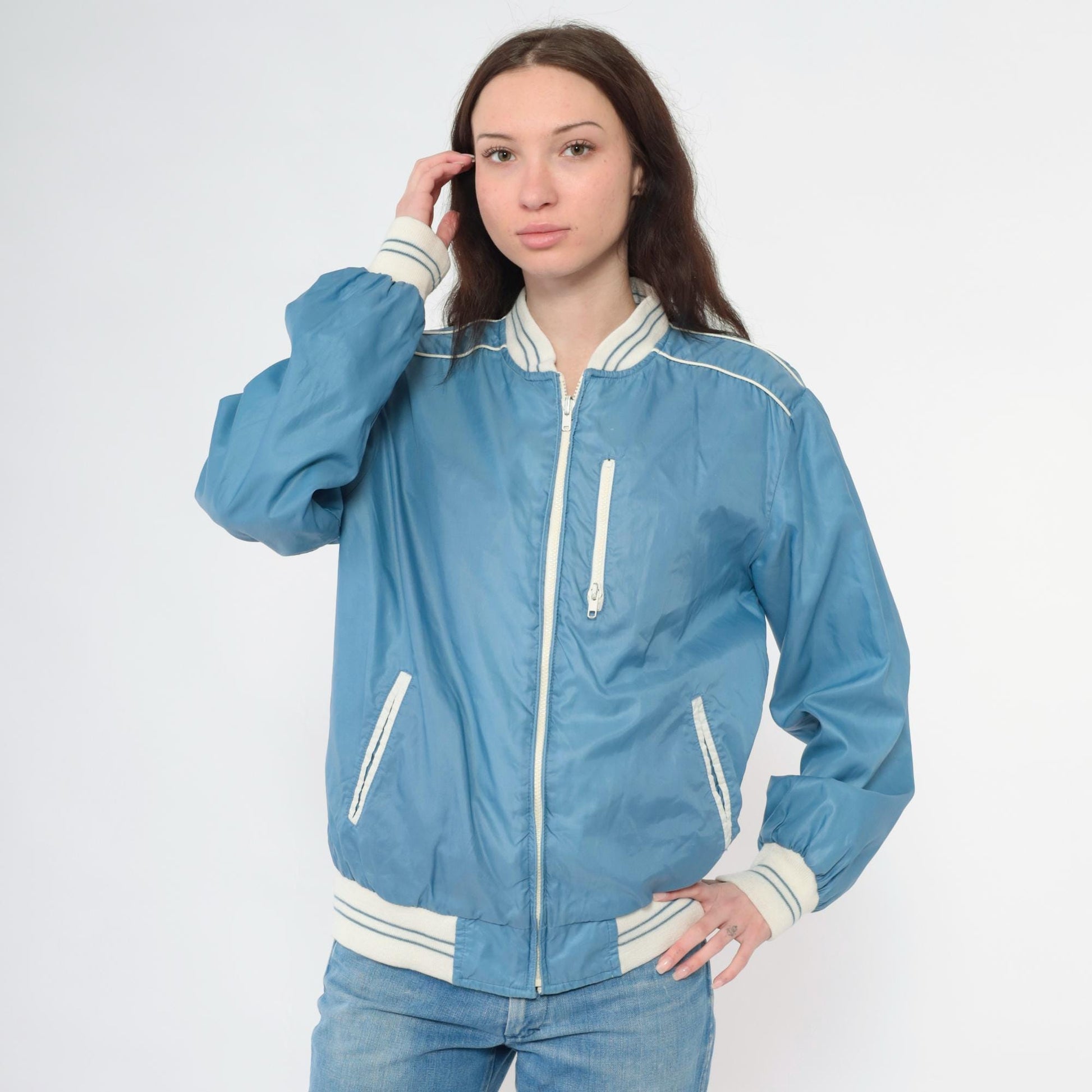 80s Reversible Windbreaker Jacket Blue White Color Block Bomber Medium