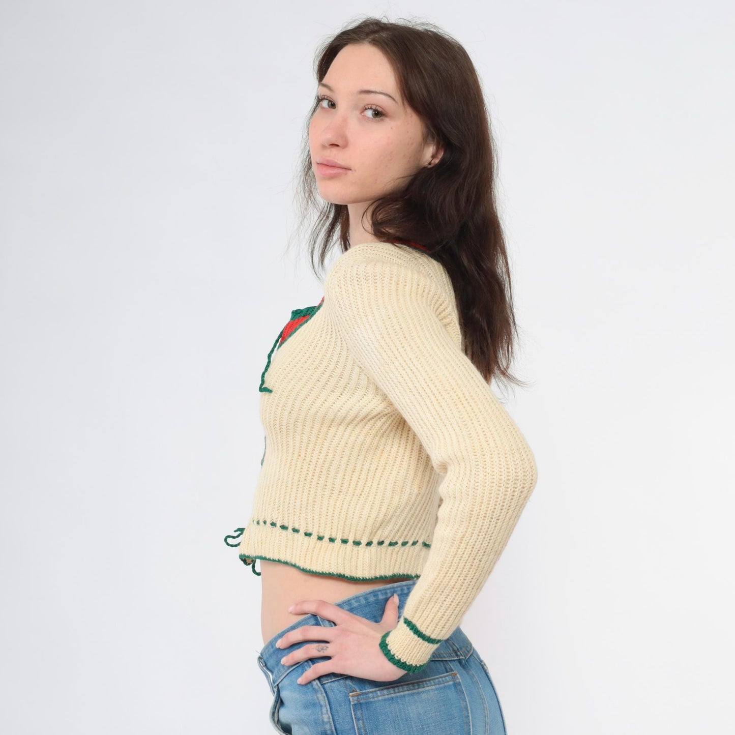 70s Cream Knit Cardigan Cropped Alpine Folk Red Green Trim Extra Small