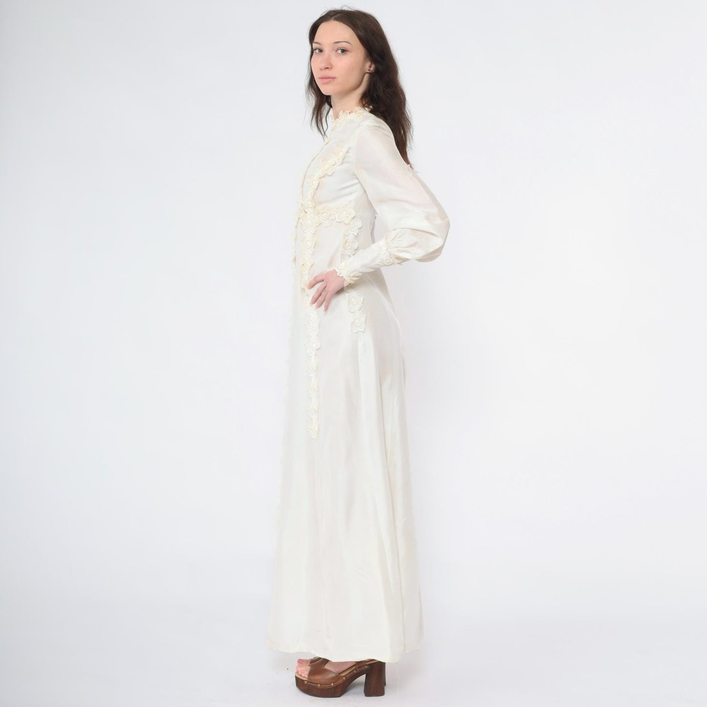 1960s Ivory Satin Wedding Dress Empire Waist Bishop Sleeve Floral Appliqué Extra Small