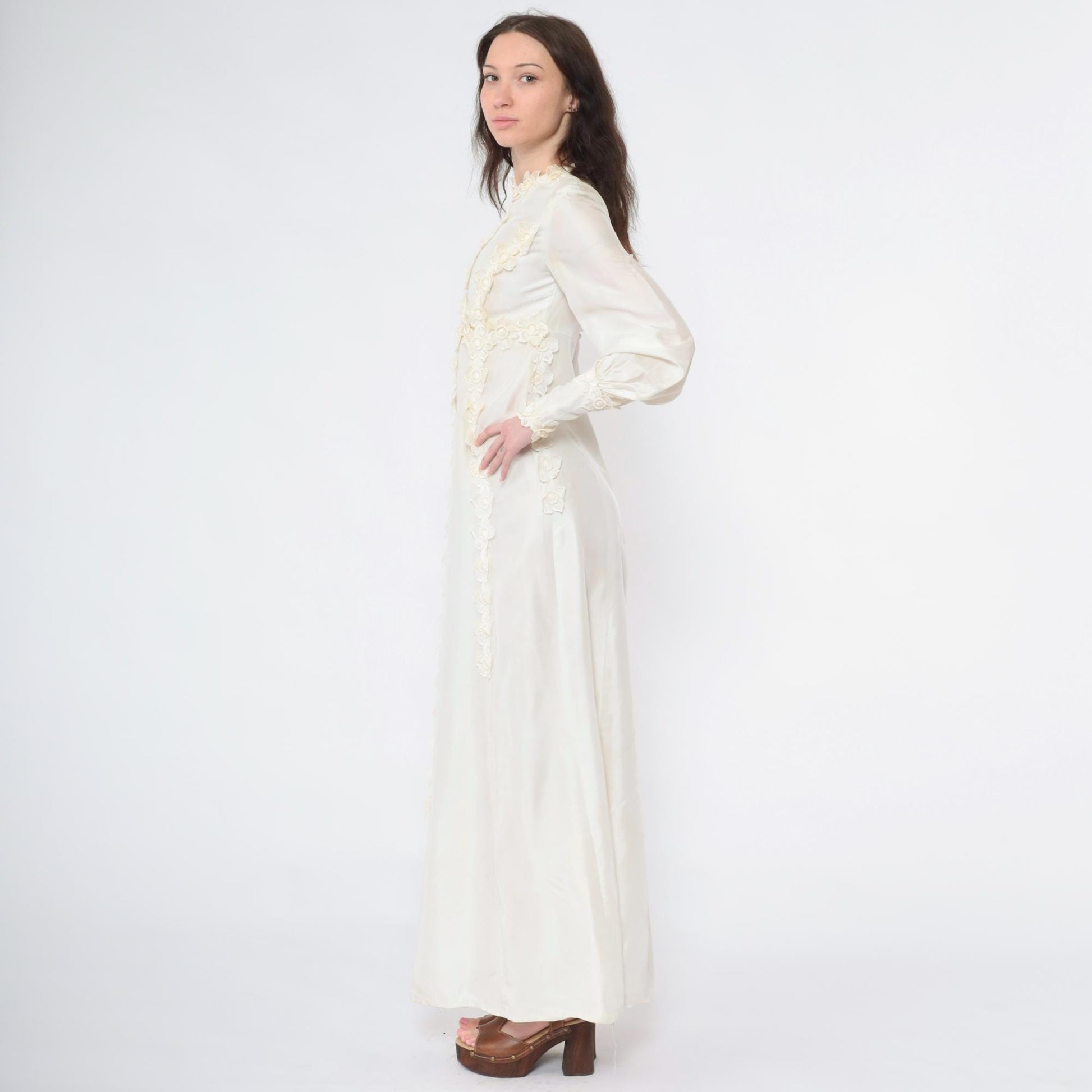 1960s Ivory Satin Wedding Dress Empire Waist Bishop Sleeve Floral Appliqué Extra Small