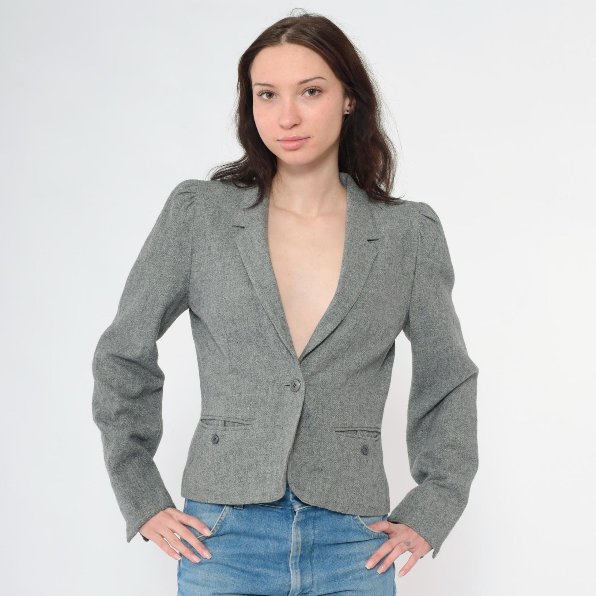80s Grey Wool Blend Blazer Puff Sleeve Button-Up Jacket Small