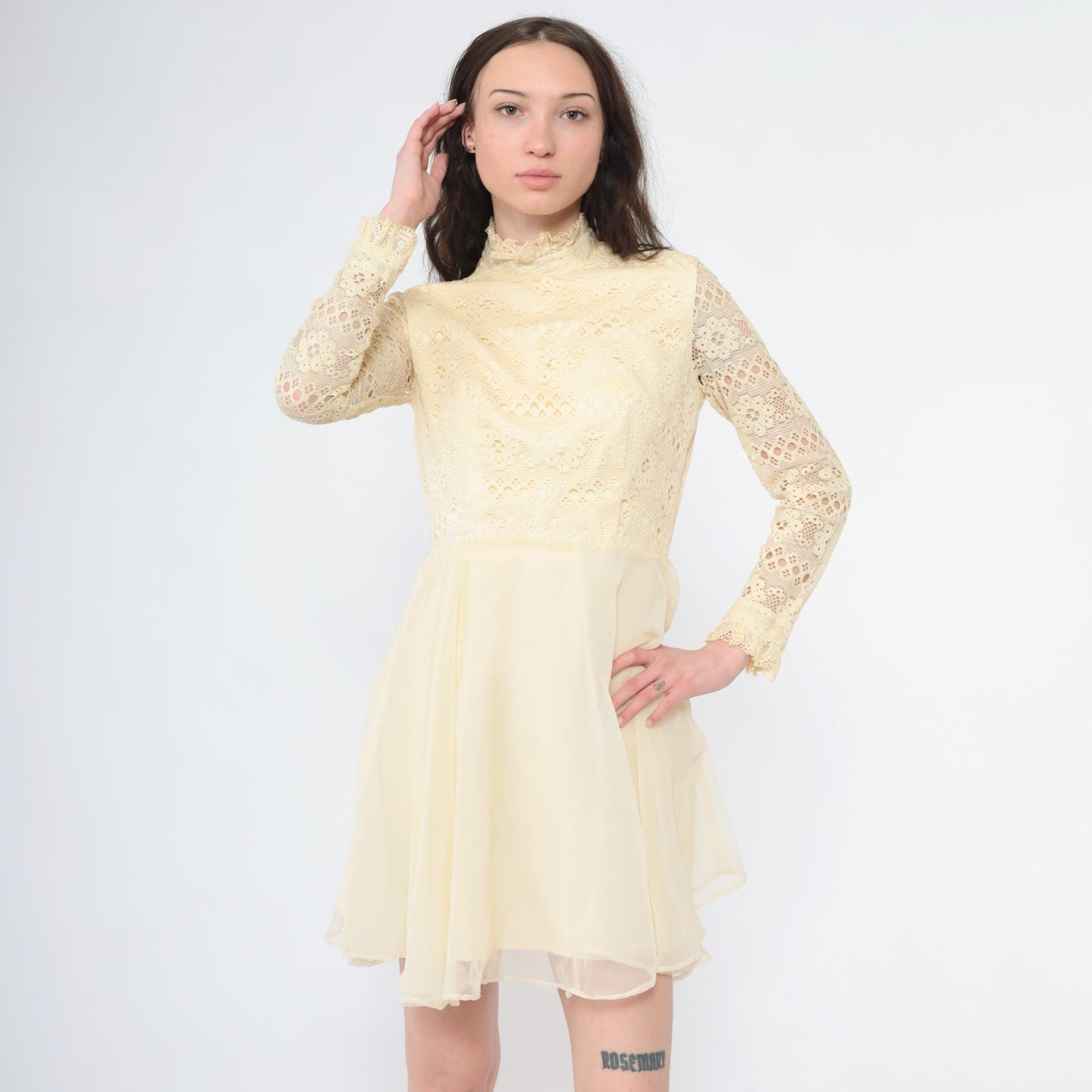 Late 60s Early 70s Cream Lace Mini Dress High Neck Sheer Sleeves Small