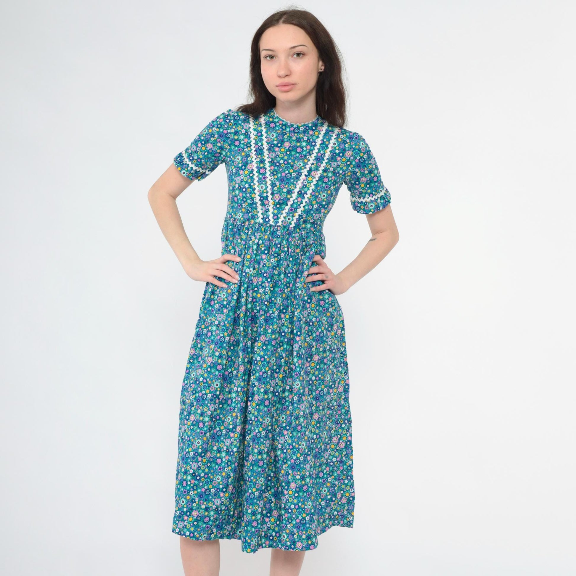 1960s Blue Floral Midi Dress Empire Waist Ruffled Short Sleeve XXS