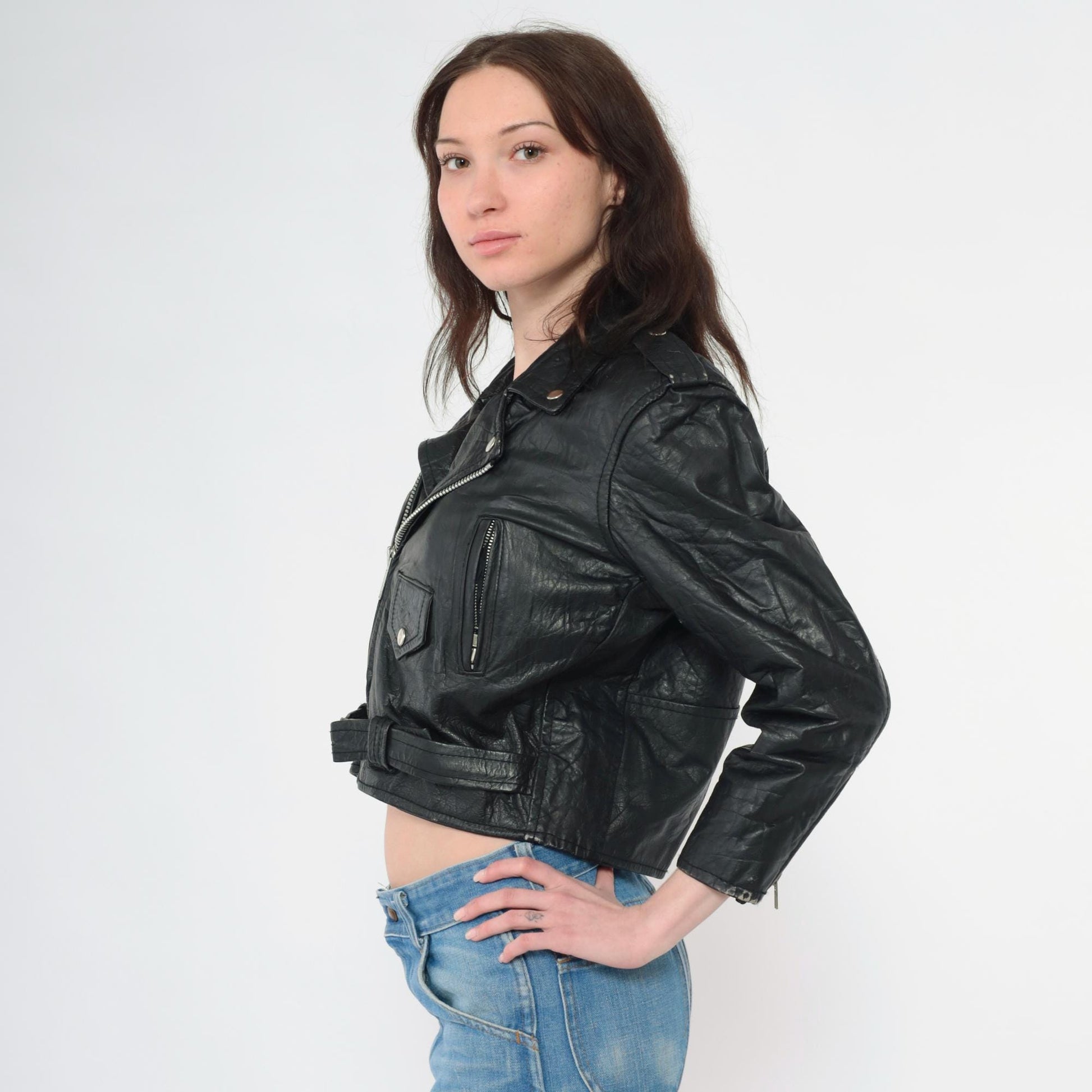 90s Black Leather Biker Jacket Cropped Moto Zip Epaulette Extra Small XS