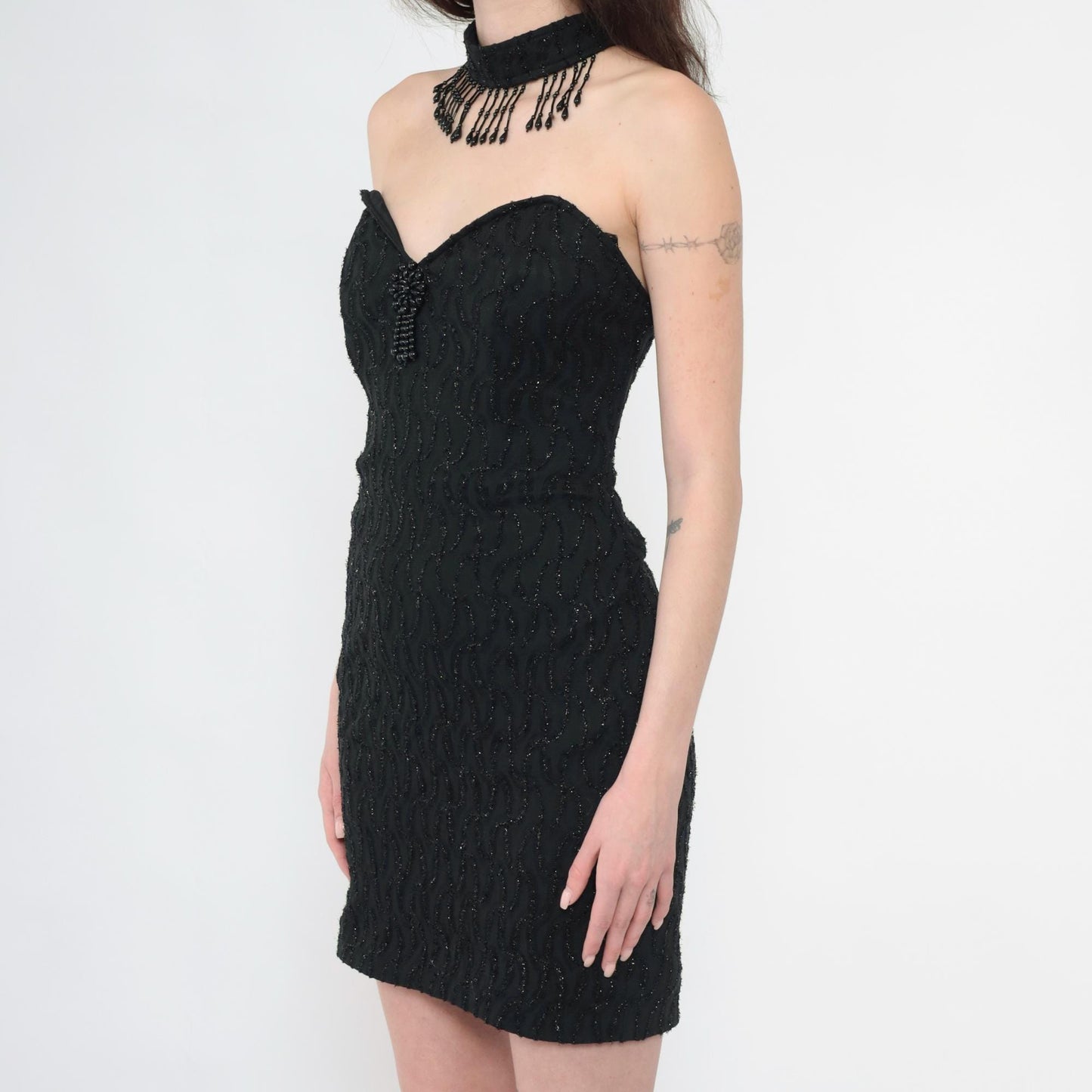 90s Black Beaded Lace Cocktail Dress Choker Neck Open Back Mini Small