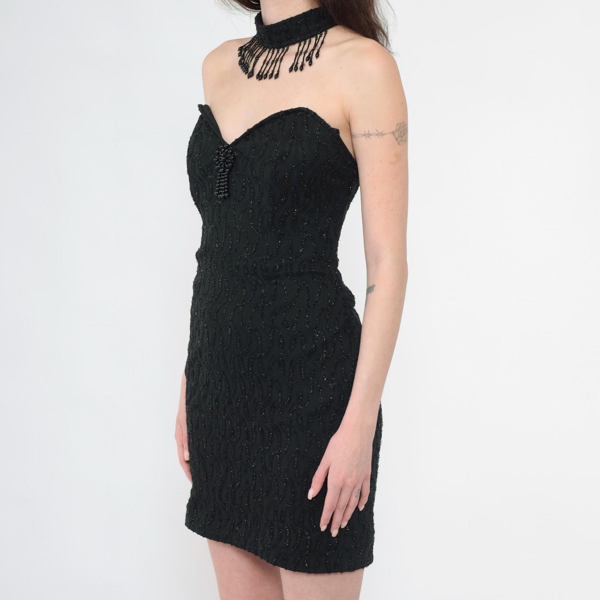 90s Black Beaded Lace Cocktail Dress Choker Neck Open Back Mini Small
