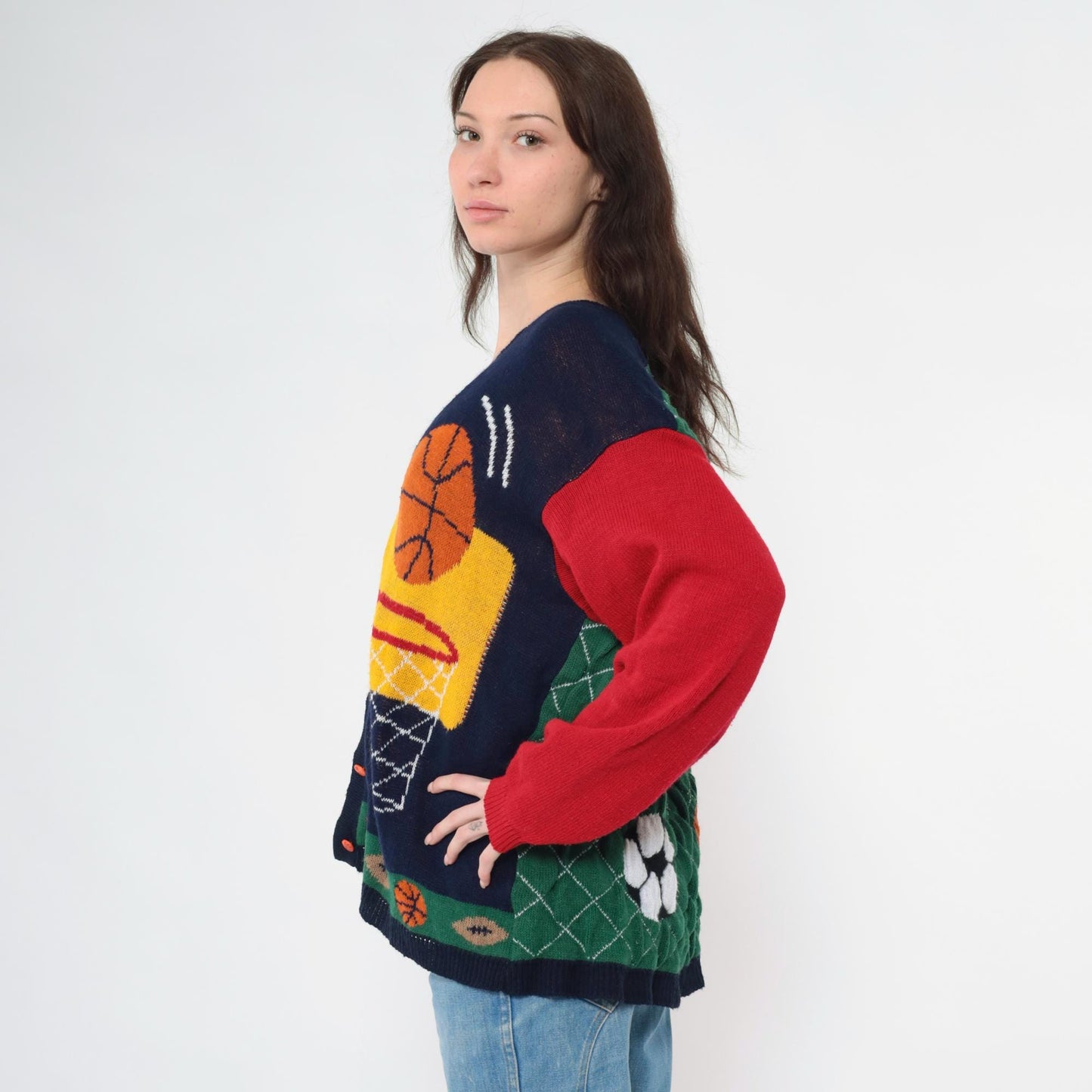 90s Cabin Creek Sports Cardigan Novelty Knit Basketball Football Soccer Plus Size XL