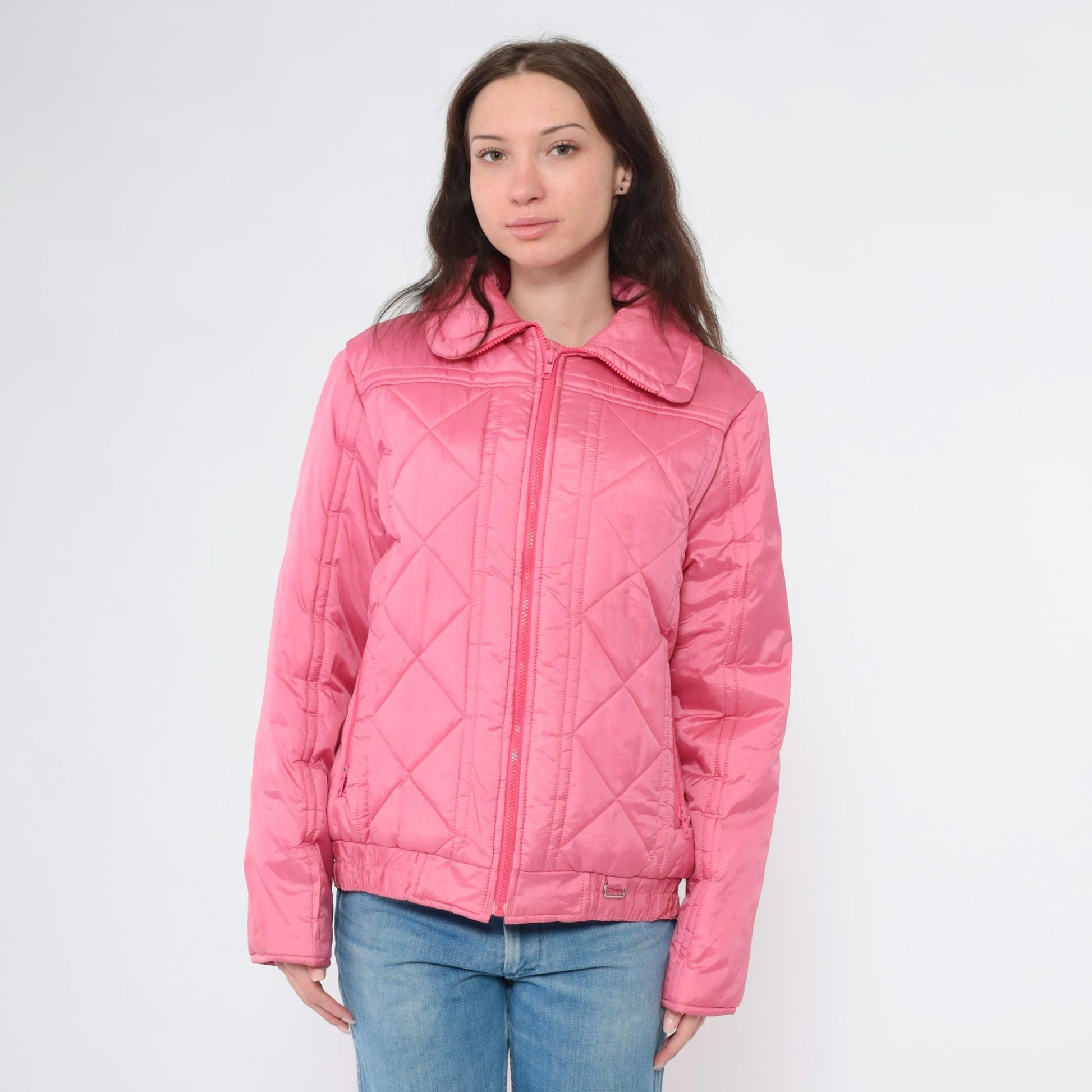 80s Pink Quilted Puffer Ski Jacket Zip-Up Winter Coat Medium