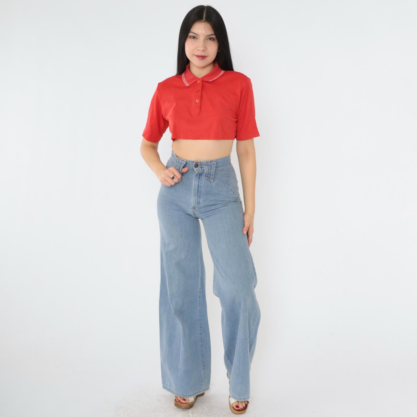 80s Cougar Golf Polo Crop Top Red White Stripe Raw Hem Small S