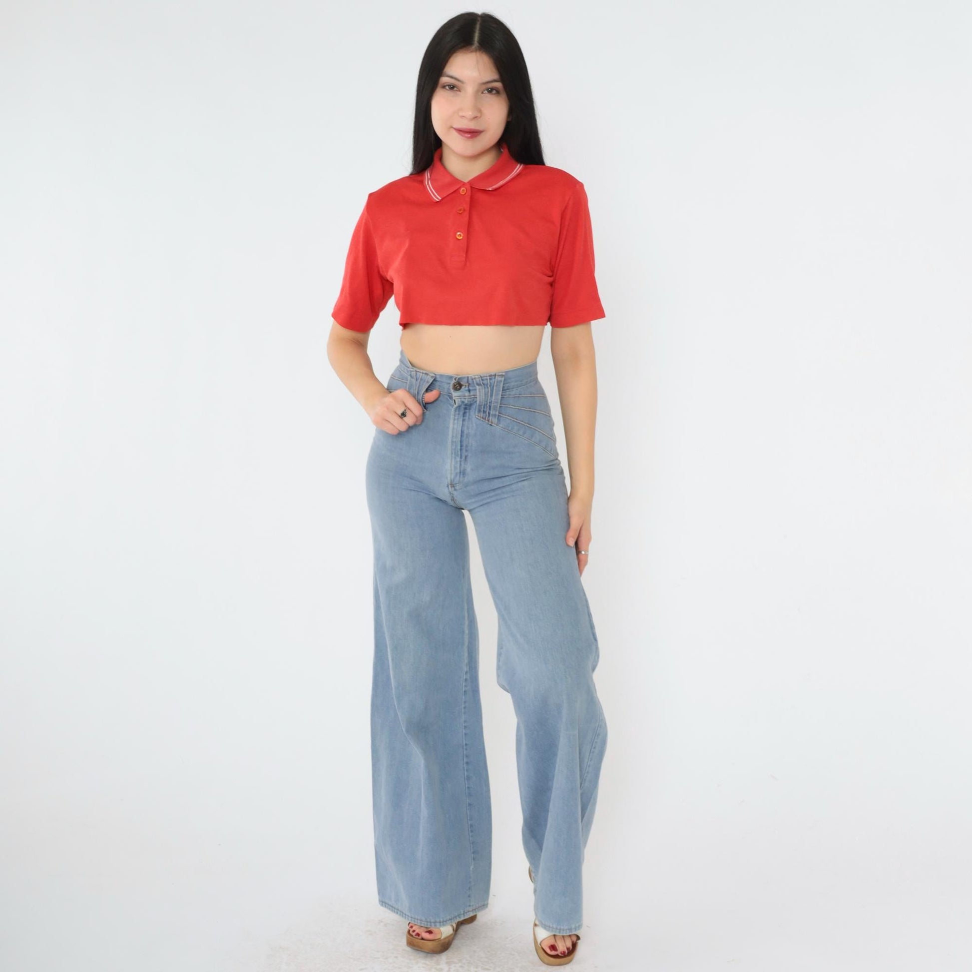80s Cougar Golf Polo Crop Top Red White Stripe Raw Hem Small S