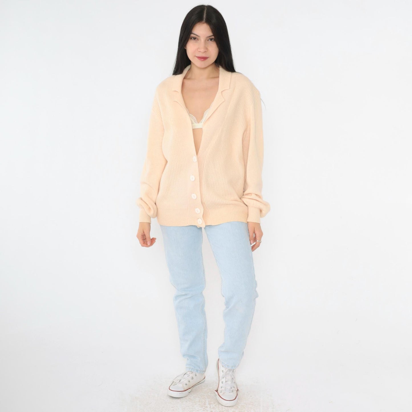 80s Peach Wool Angora Cardigan Deep V Neck Ribbed Button Up Medium