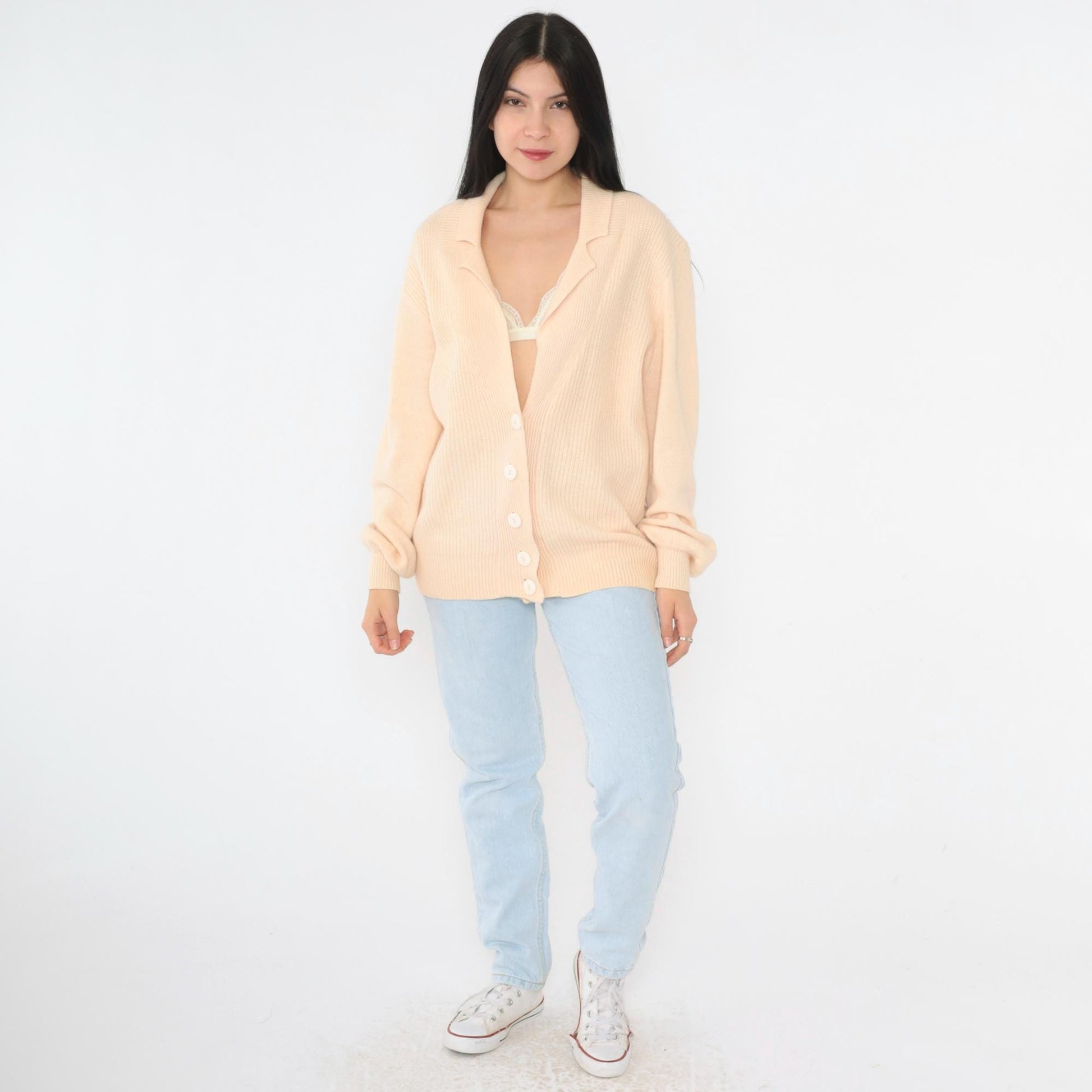 80s Peach Wool Angora Cardigan Deep V Neck Ribbed Button Up Medium