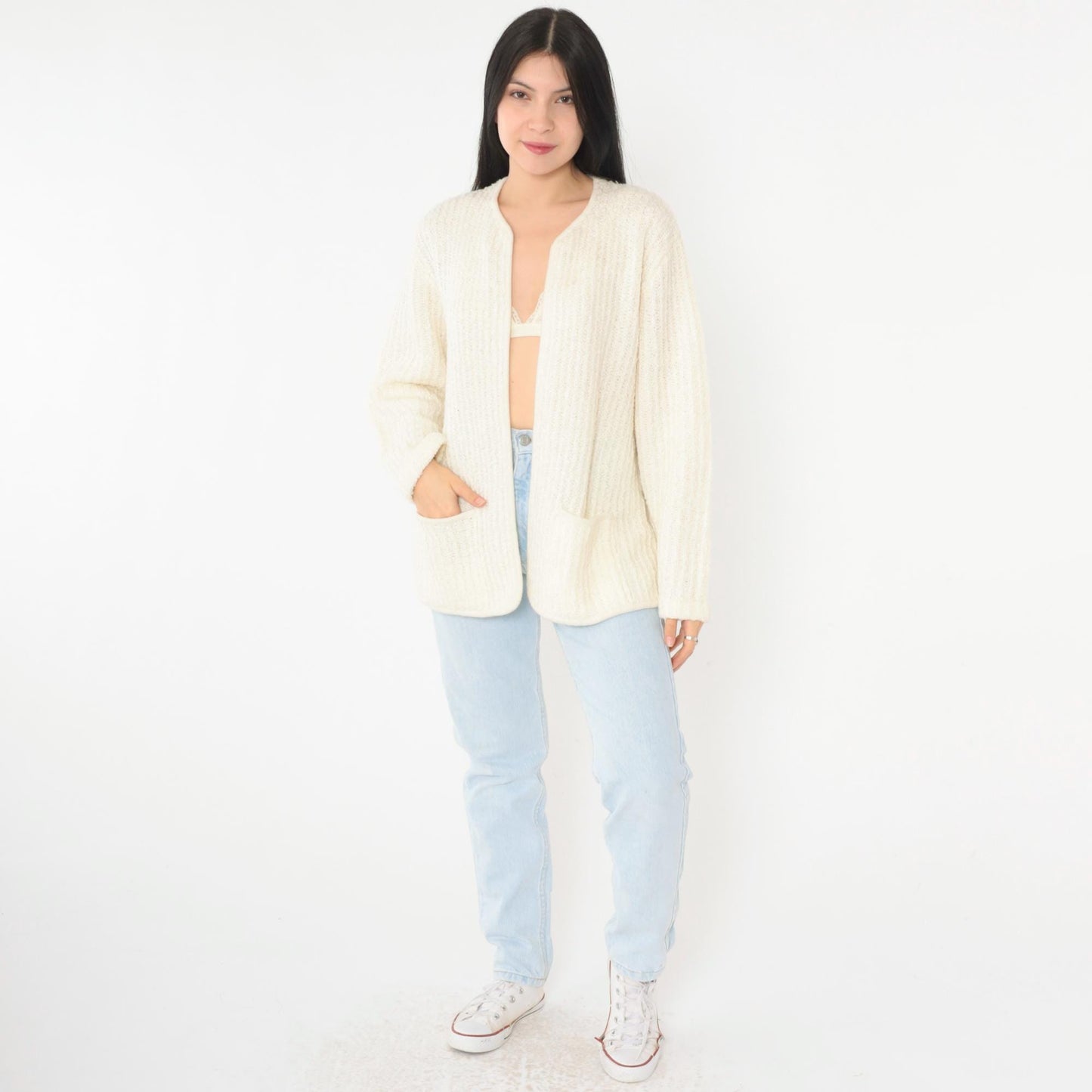 80s Sideffects Ivory Cardigan Ribbed Knit Open Front Pockets Large L
