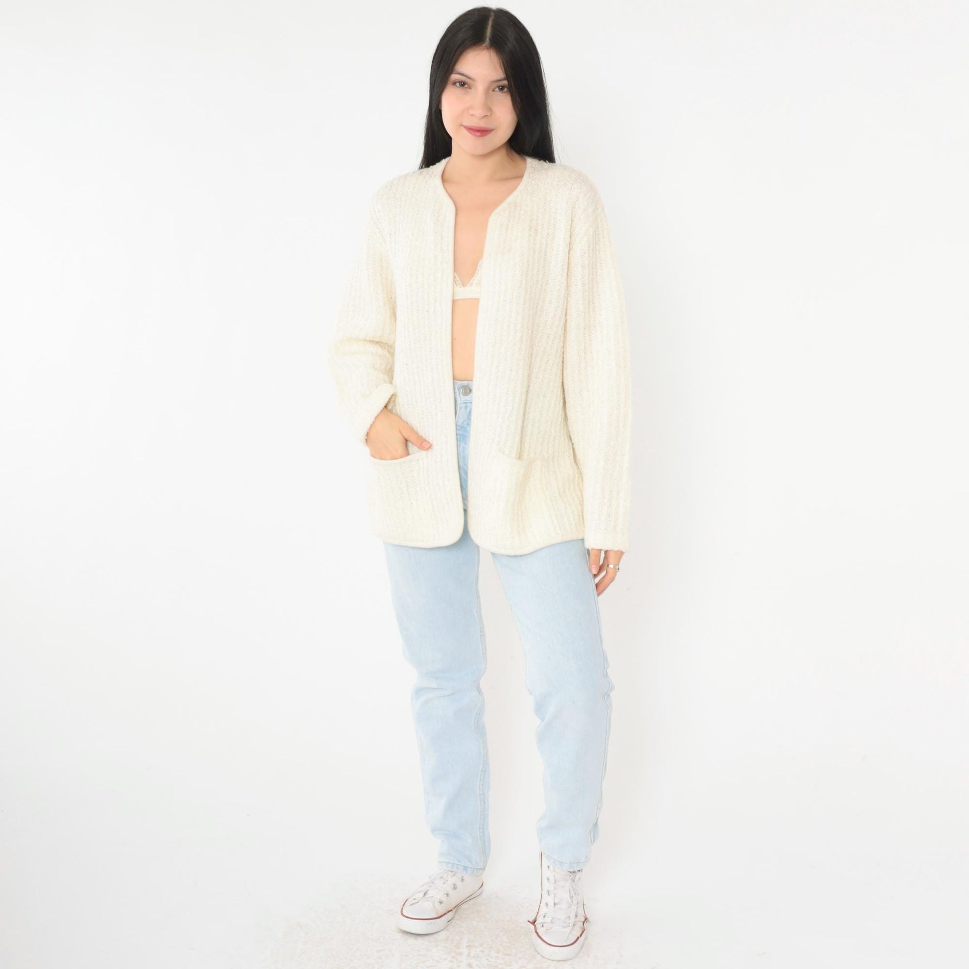 80s Sideffects Ivory Cardigan Ribbed Knit Open Front Pockets Large L