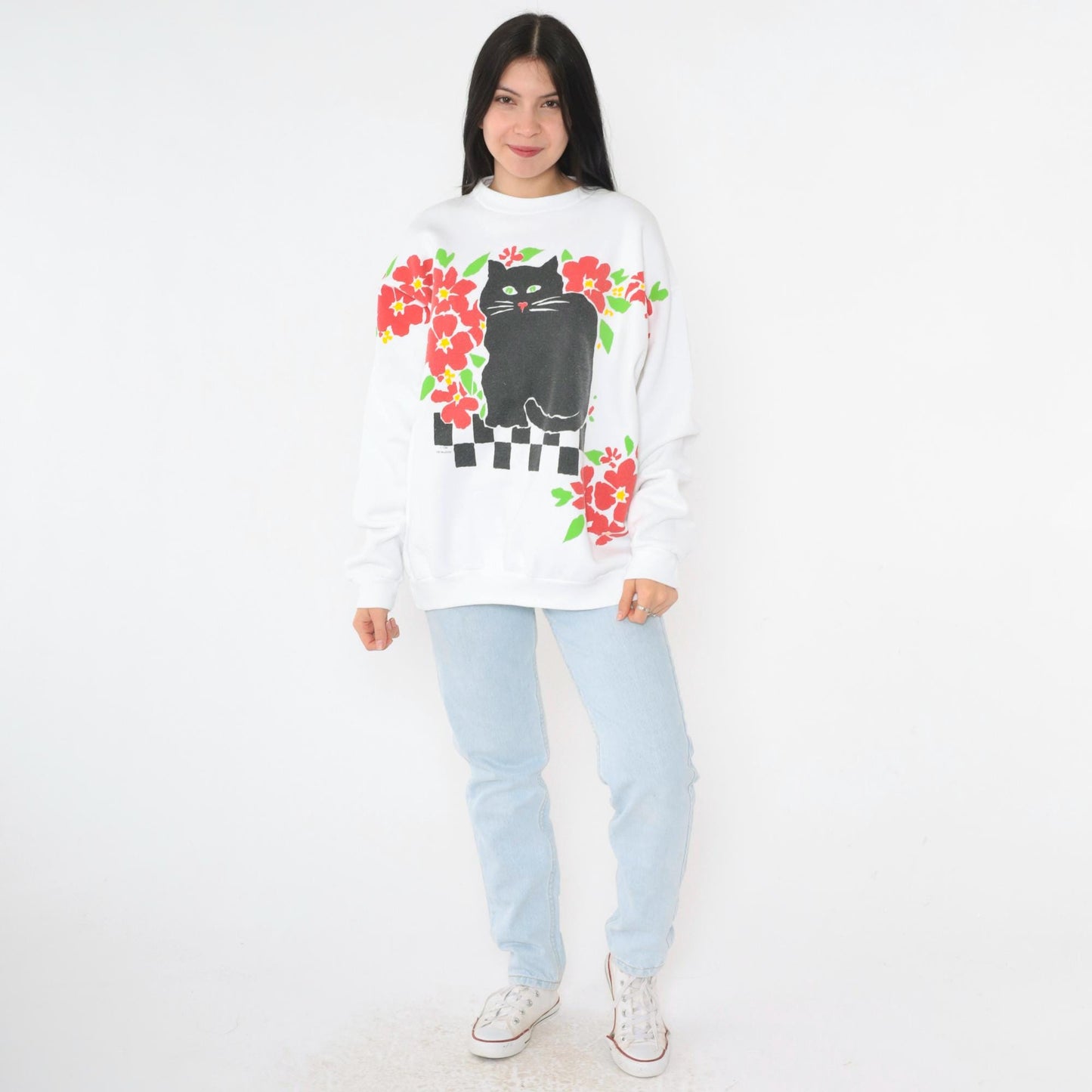 90s Cat Sweatshirt Black Graphic Crewneck White Red Hearts Large L