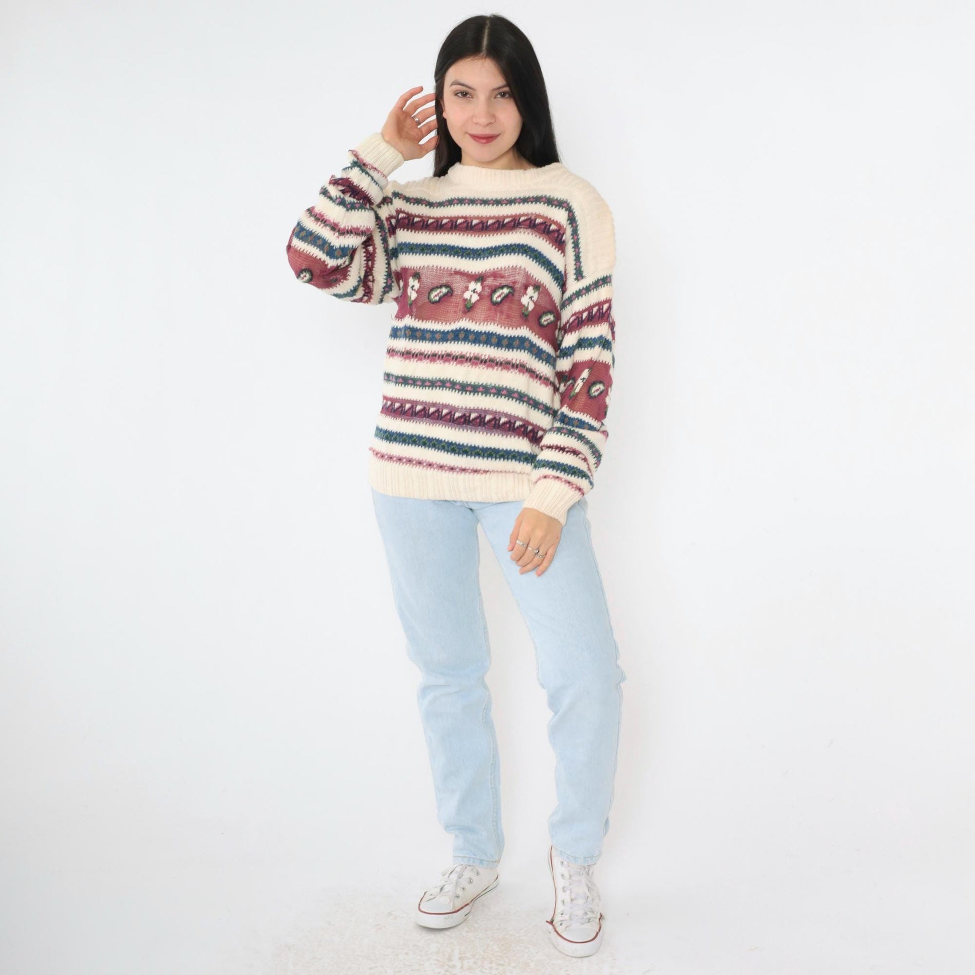 90s Woolrich Cream Knit Floral Sheer Stripe Pullover Crew Neck Medium M