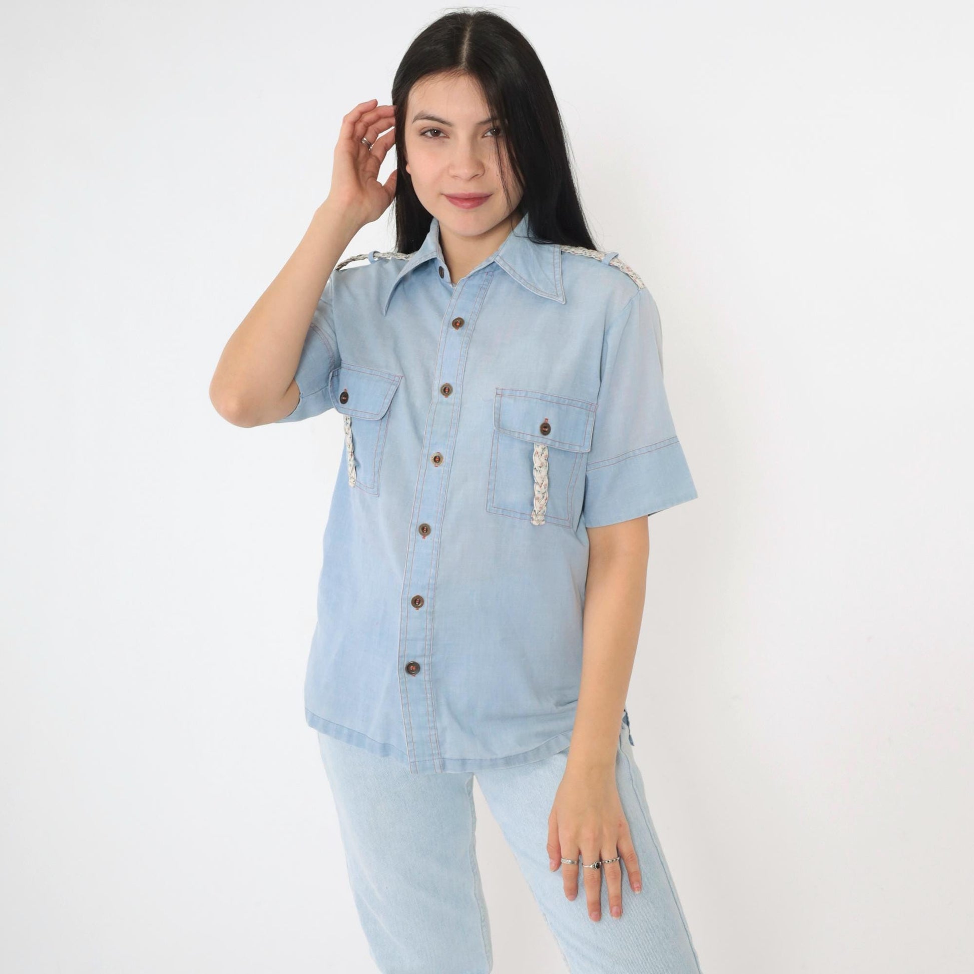 70s Alfie California Chambray Shirt Blue Epaulette Button Up Small