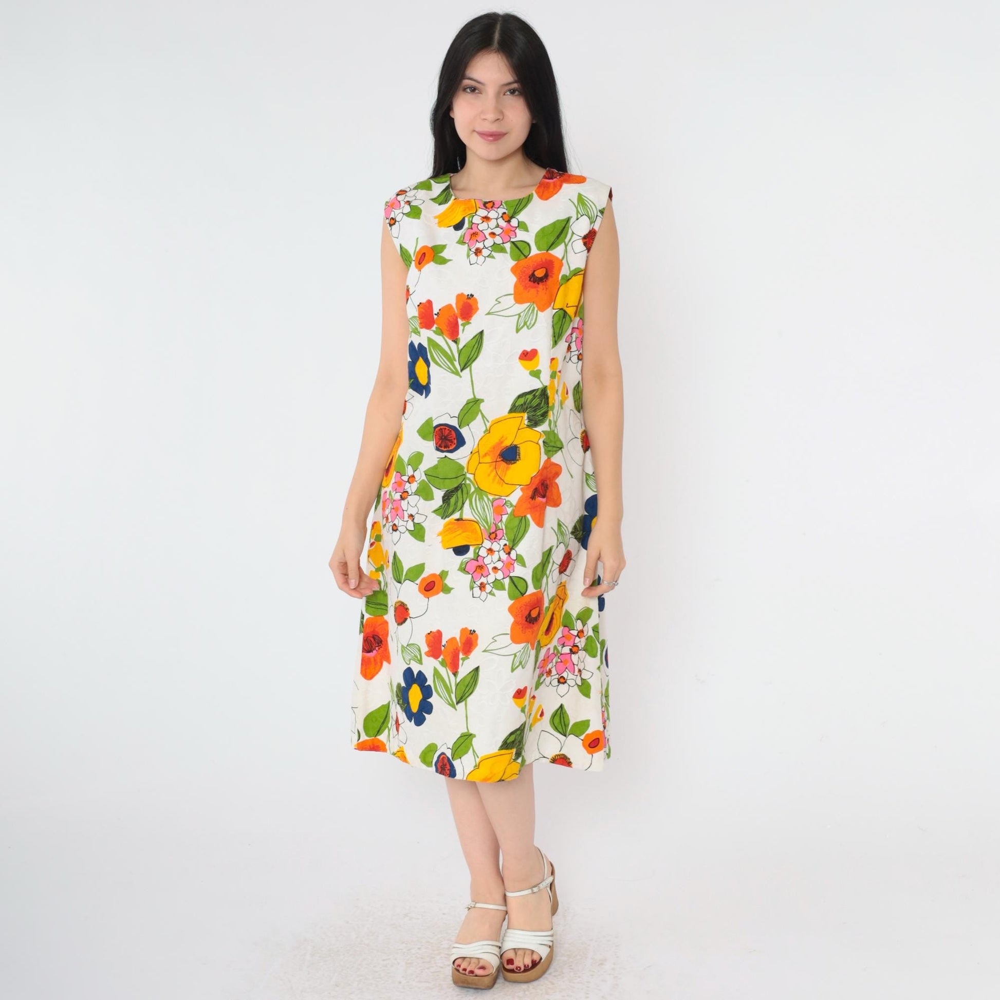 1960s Mod Floral A-Line Dress White Yellow Orange Green Sleeveless Large
