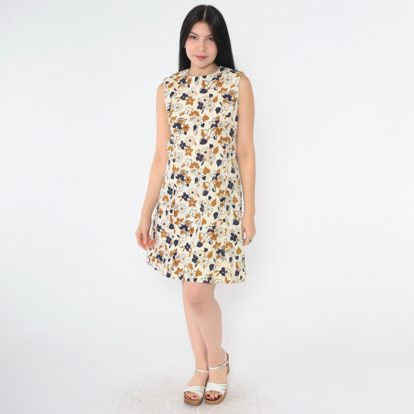 60s Mod Floral Mini Shift Dress Cream Blue Brown Honeycomb Small S