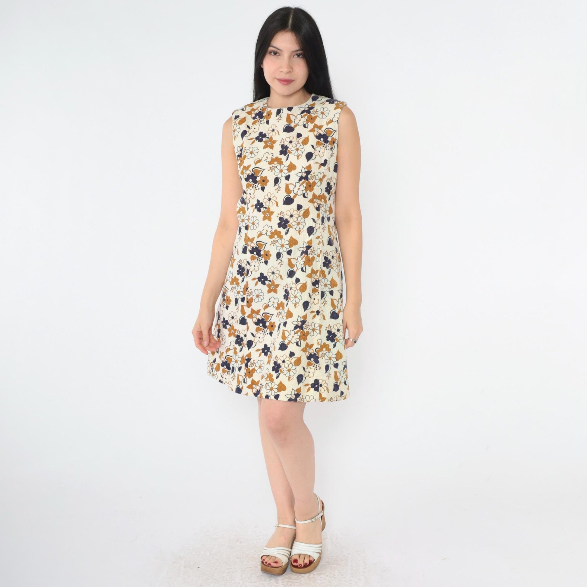 60s Mod Floral Mini Shift Dress Cream Blue Brown Honeycomb Small S