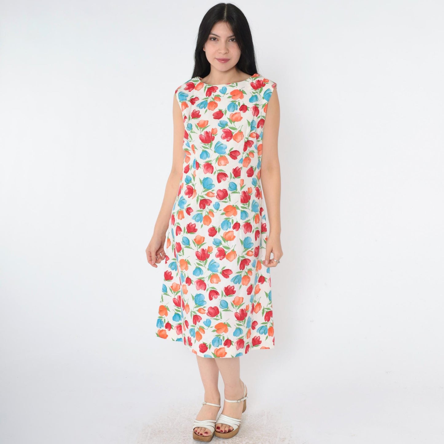 80s White Floral A-Line Dress Sleeveless Knee-Length Shift Small Medium