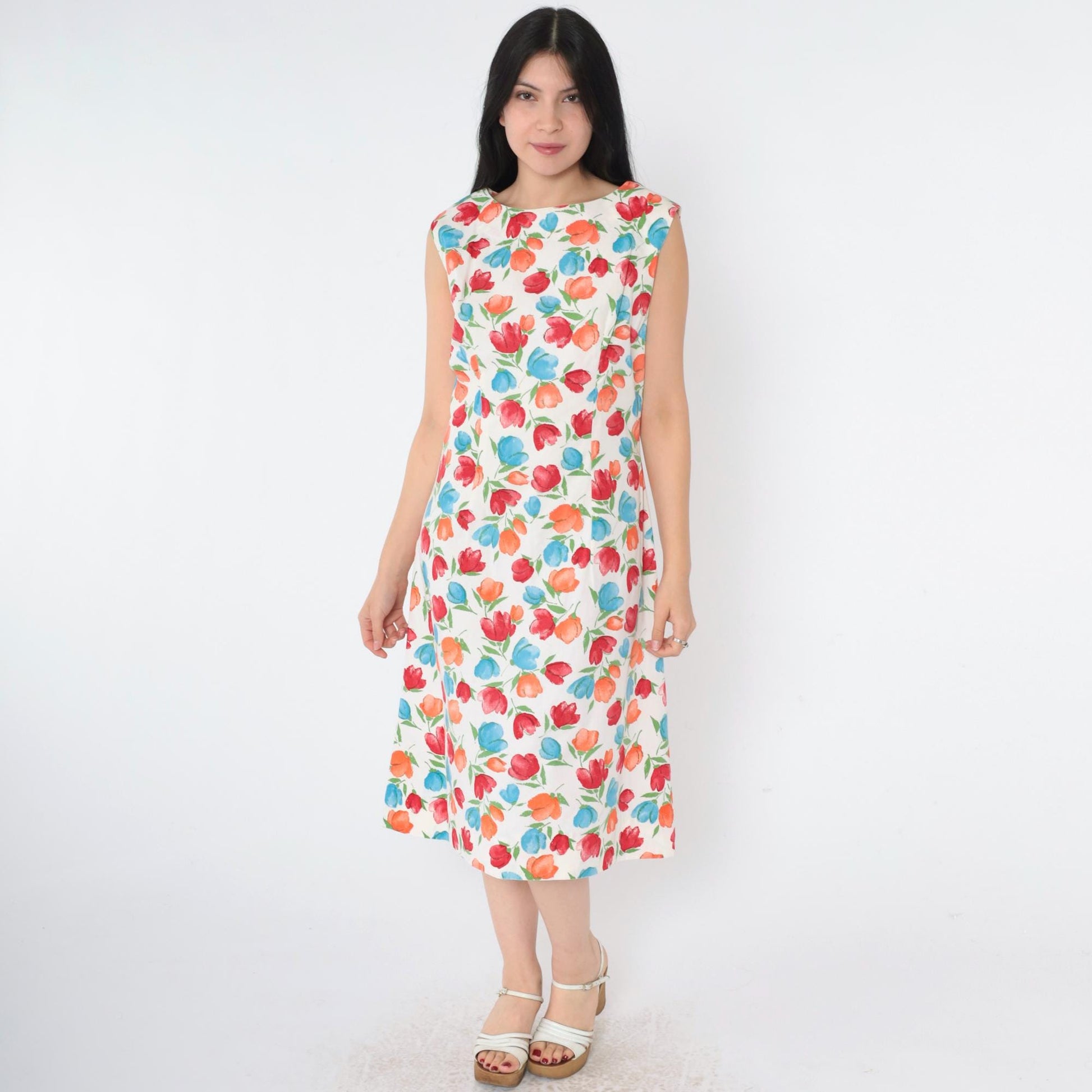 80s White Floral A-Line Dress Sleeveless Knee-Length Shift Small Medium