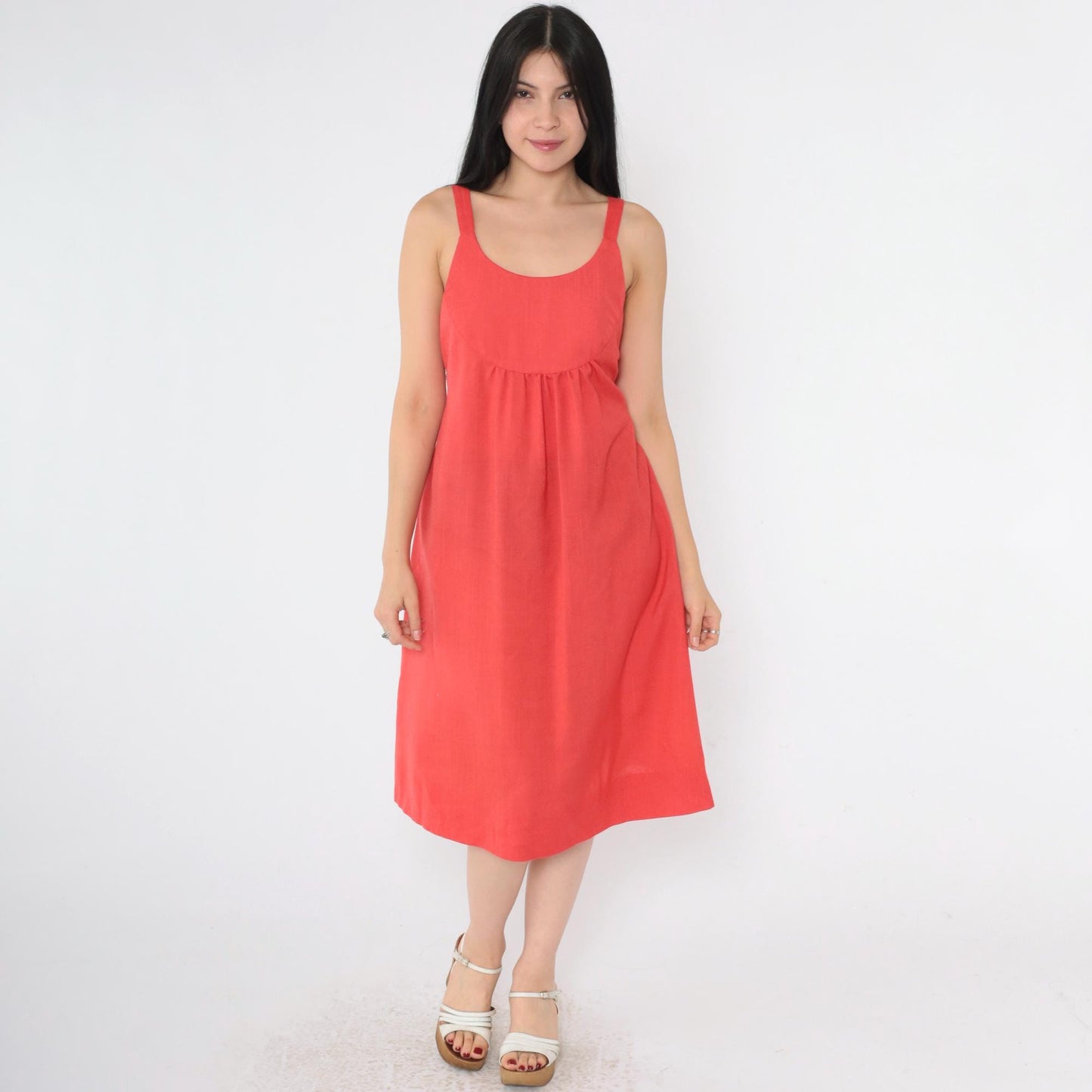 70s Red Empire Waist Sundress Tank Strap Scoop Neck Pockets Small