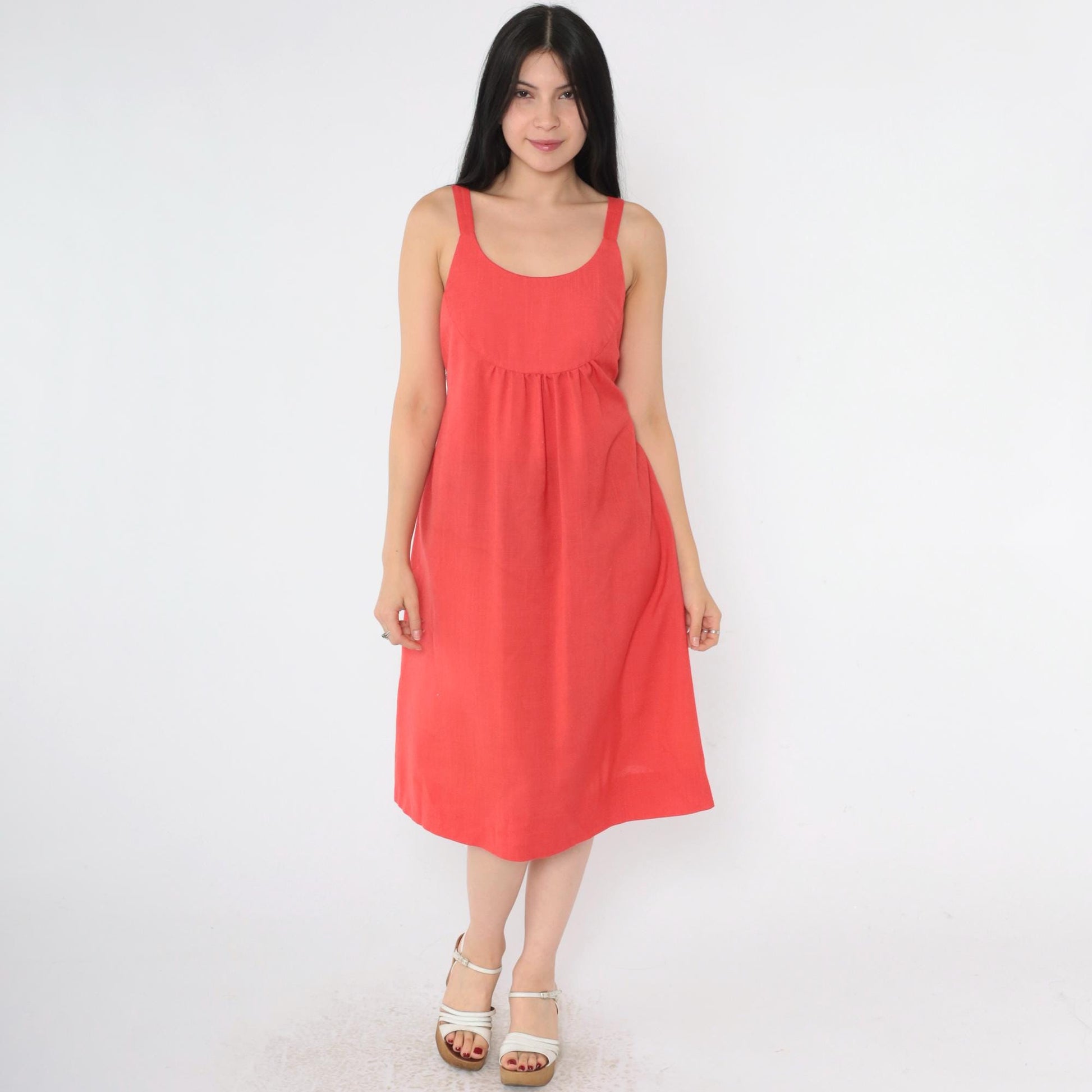 70s Red Empire Waist Sundress Tank Strap Scoop Neck Pockets Small