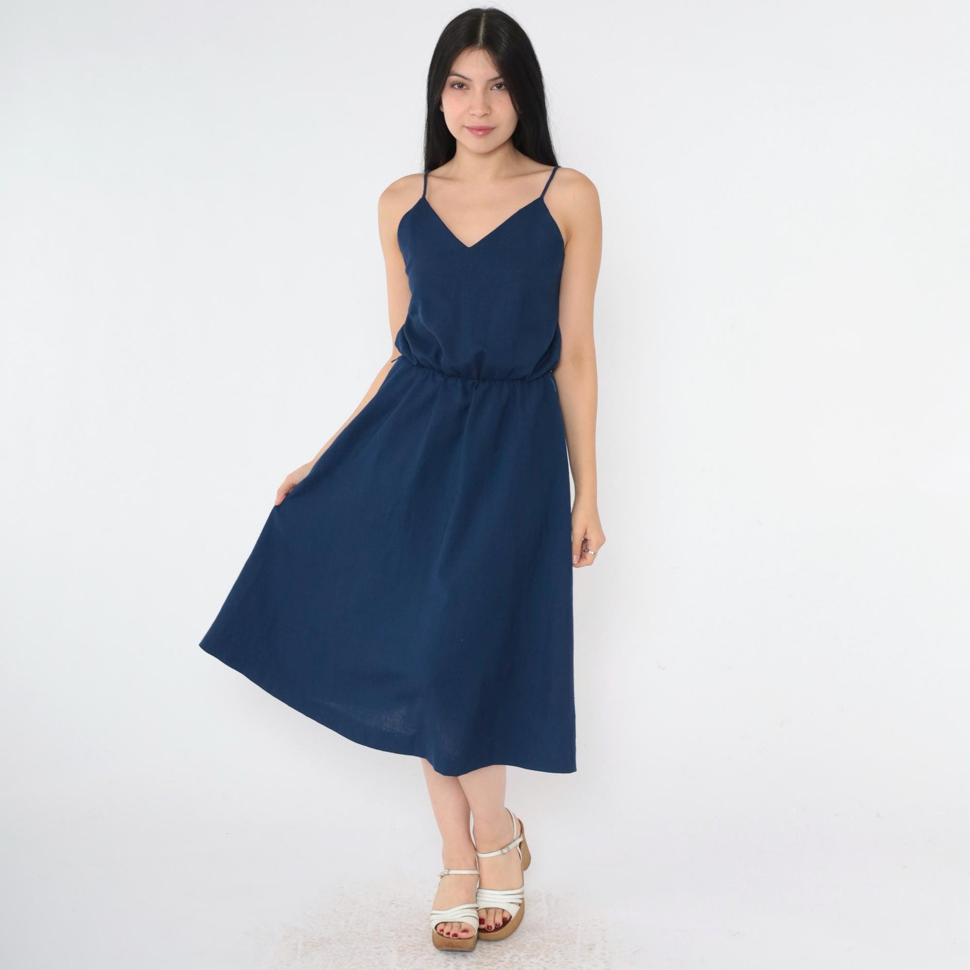 70s Navy Midi Sundress V-Neck Spaghetti Strap High Waist Small