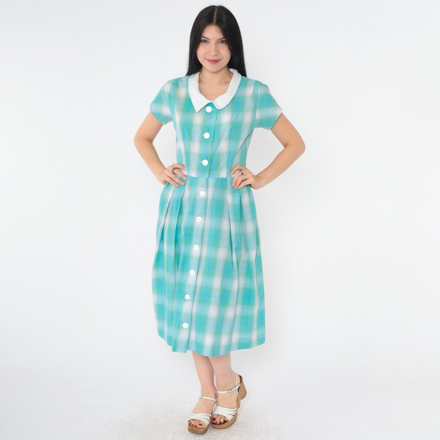60s Plaid Button-Up Shirtdress High Waist Midi Blue Green Small S