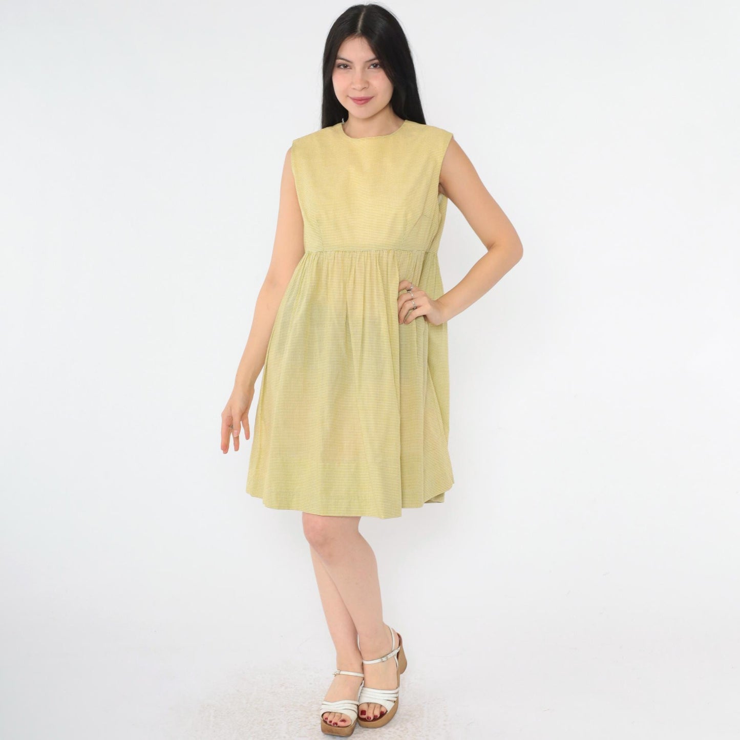 1960s Yellow Gingham Empire Waist Mini Dress Sleeveless Small Medium
