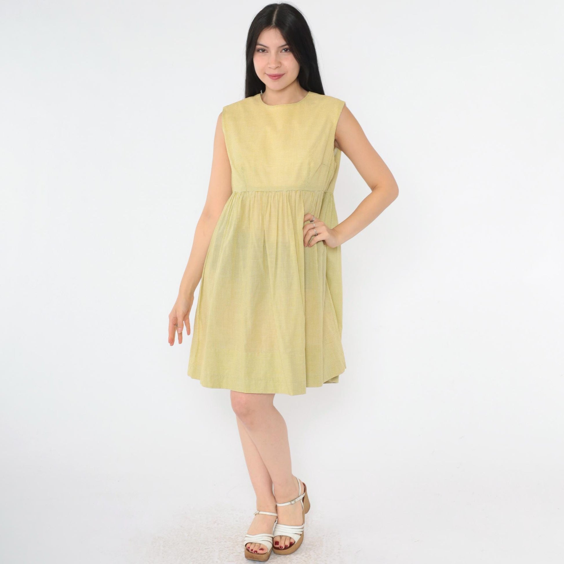 1960s Yellow Gingham Empire Waist Mini Dress Sleeveless Small Medium