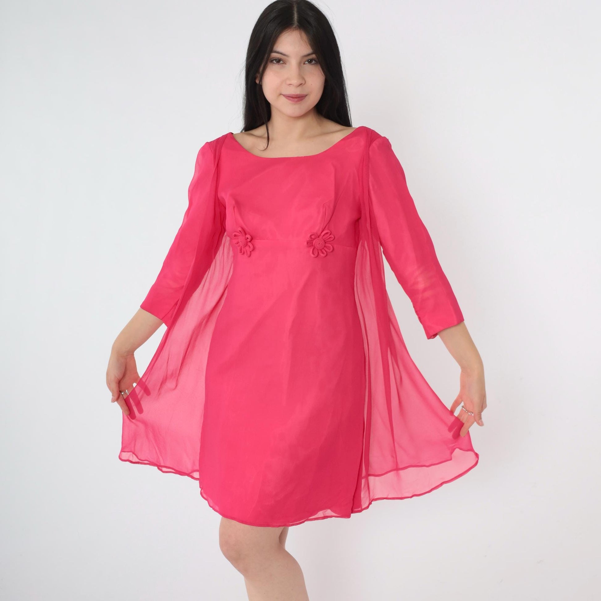 60s Pink Chiffon Mini Dress Empire Waist Floral Applique Long Sleeve Extra Small