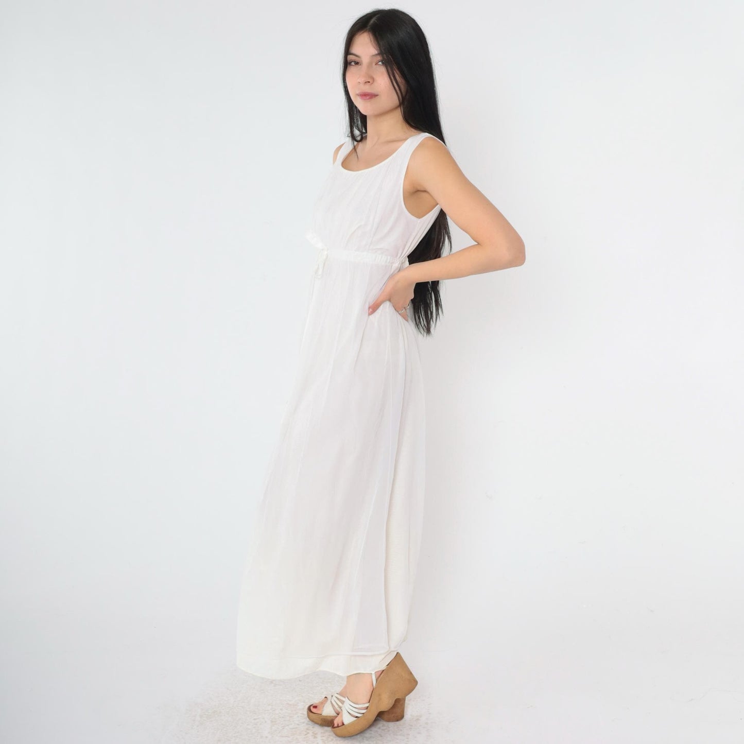 70s White Nylon Maxi Slip Dress Empire Waist Drawstring Scoop Neck Small