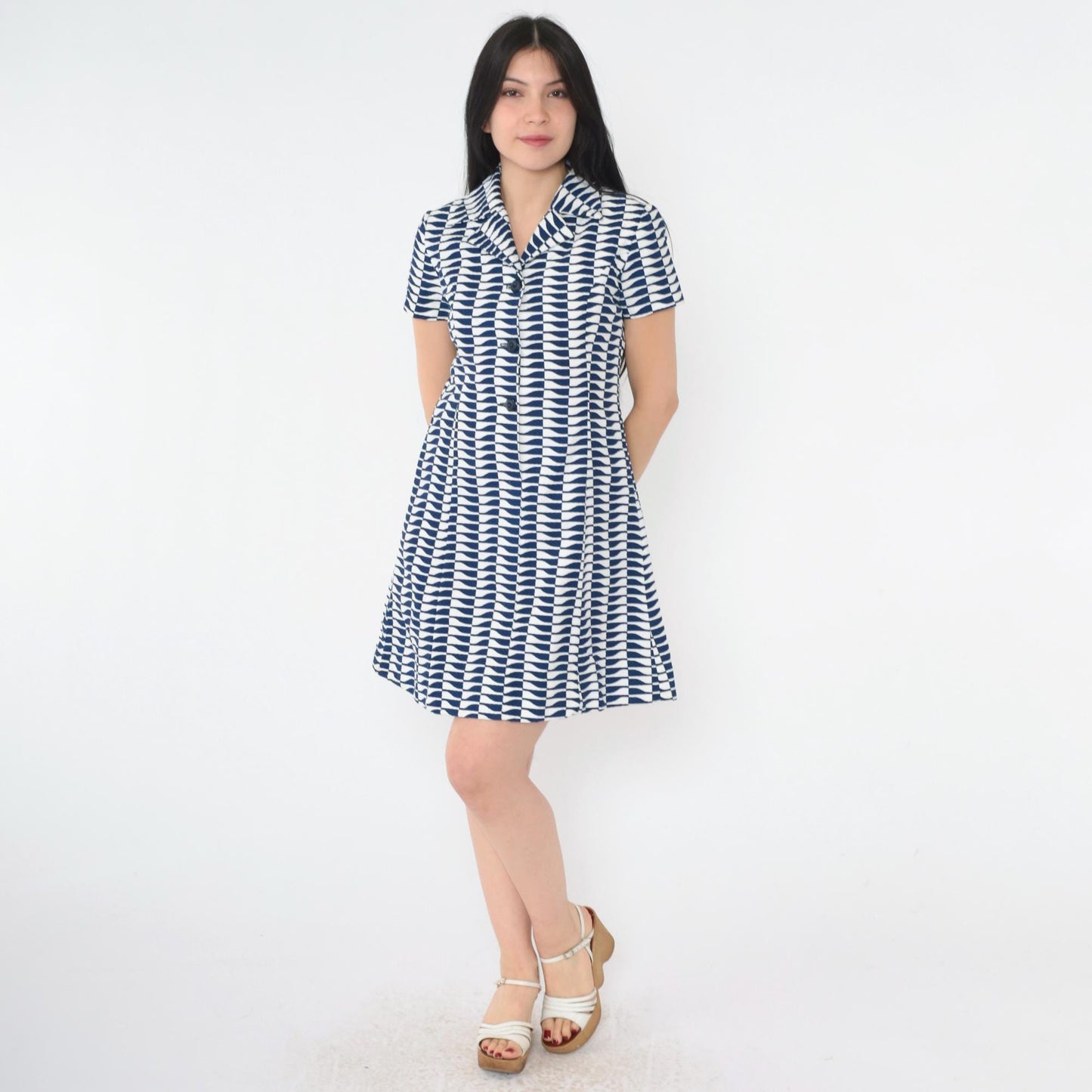 60s Mod Mini Dress Op Art Print A-Line Button Up Navy White Small