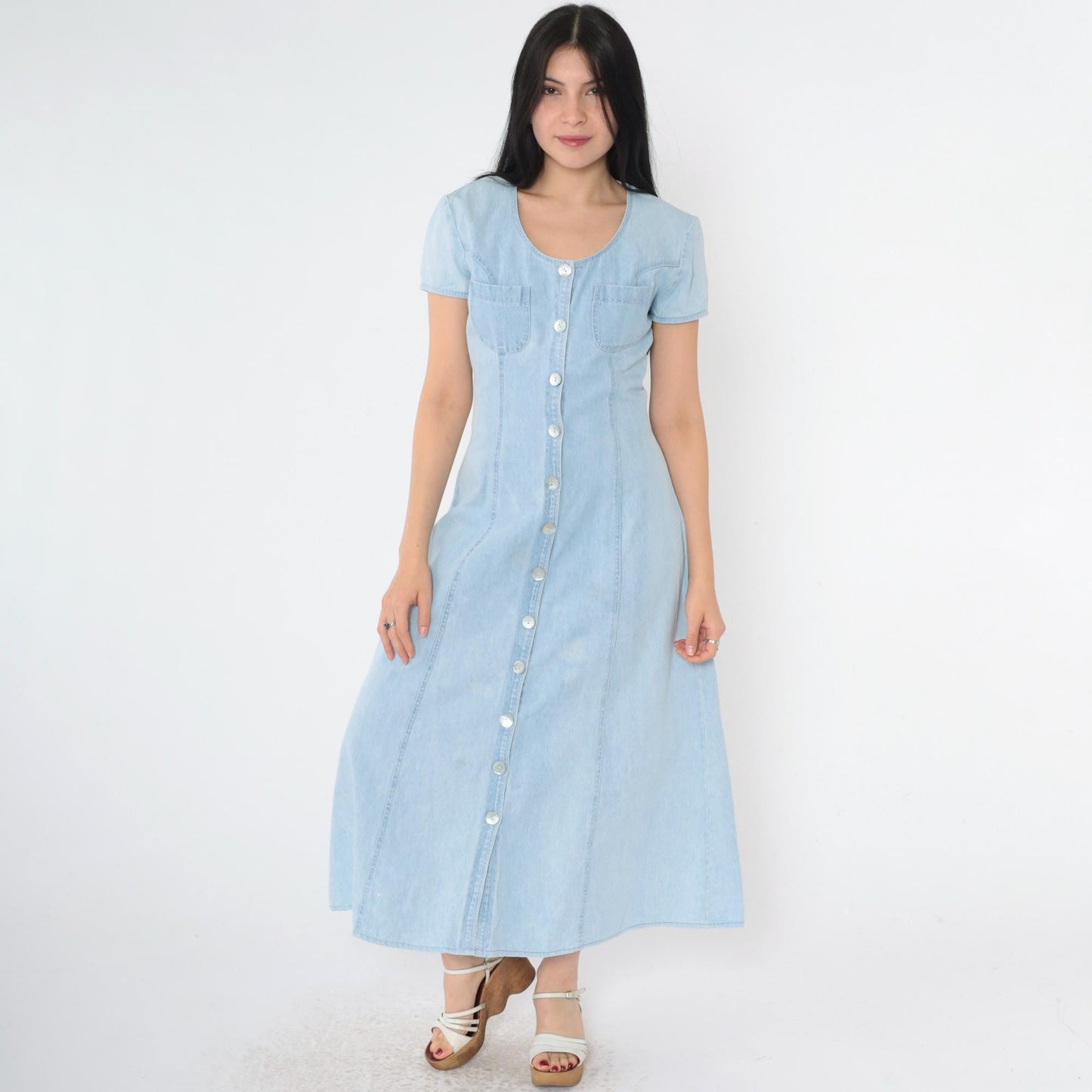 90s Blue Denim Shirtdress Ankle Length Button Up Short Sleeve Small S