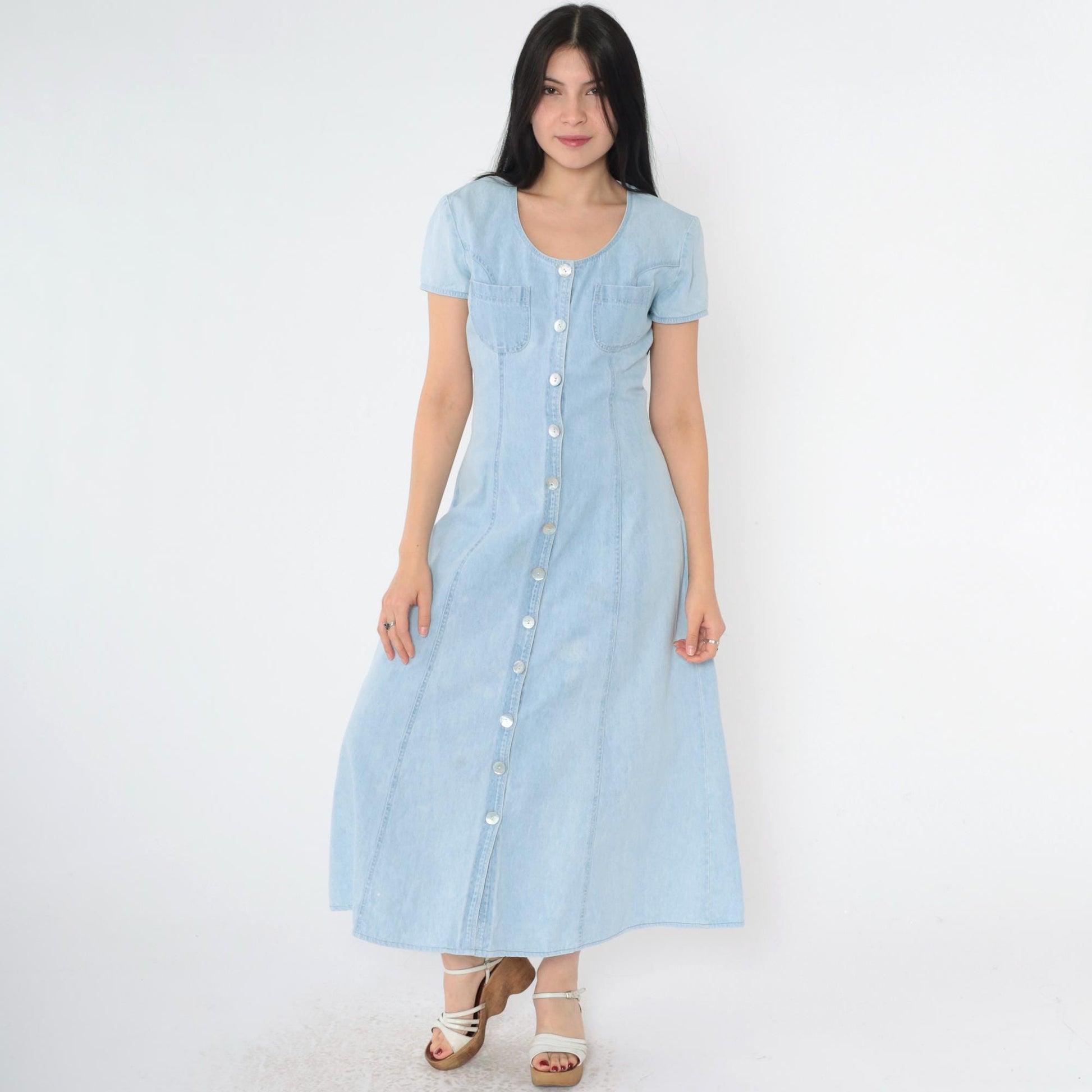 90s Blue Denim Shirtdress Ankle Length Button Up Short Sleeve Small S