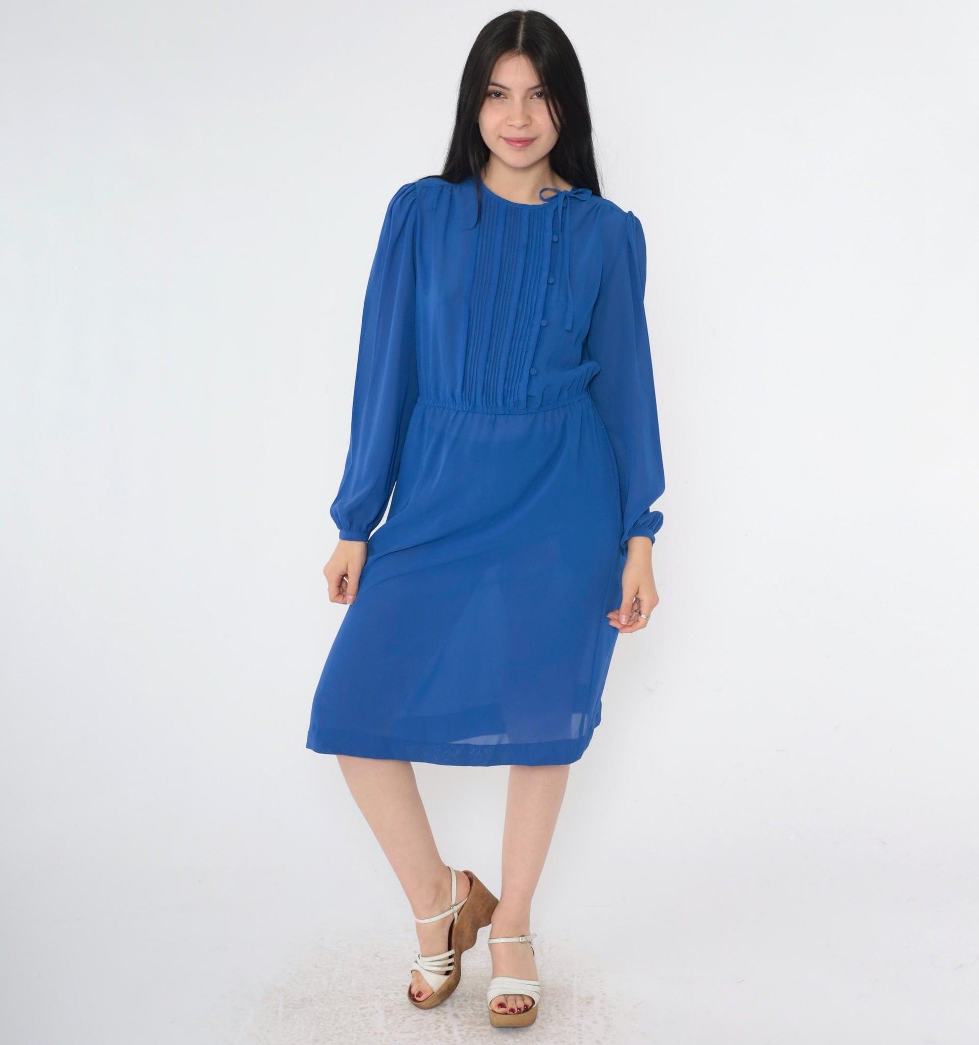 80s Sheer Blue Shirtwaist Midi Dress Puff Sleeve High Waist Small Medium
