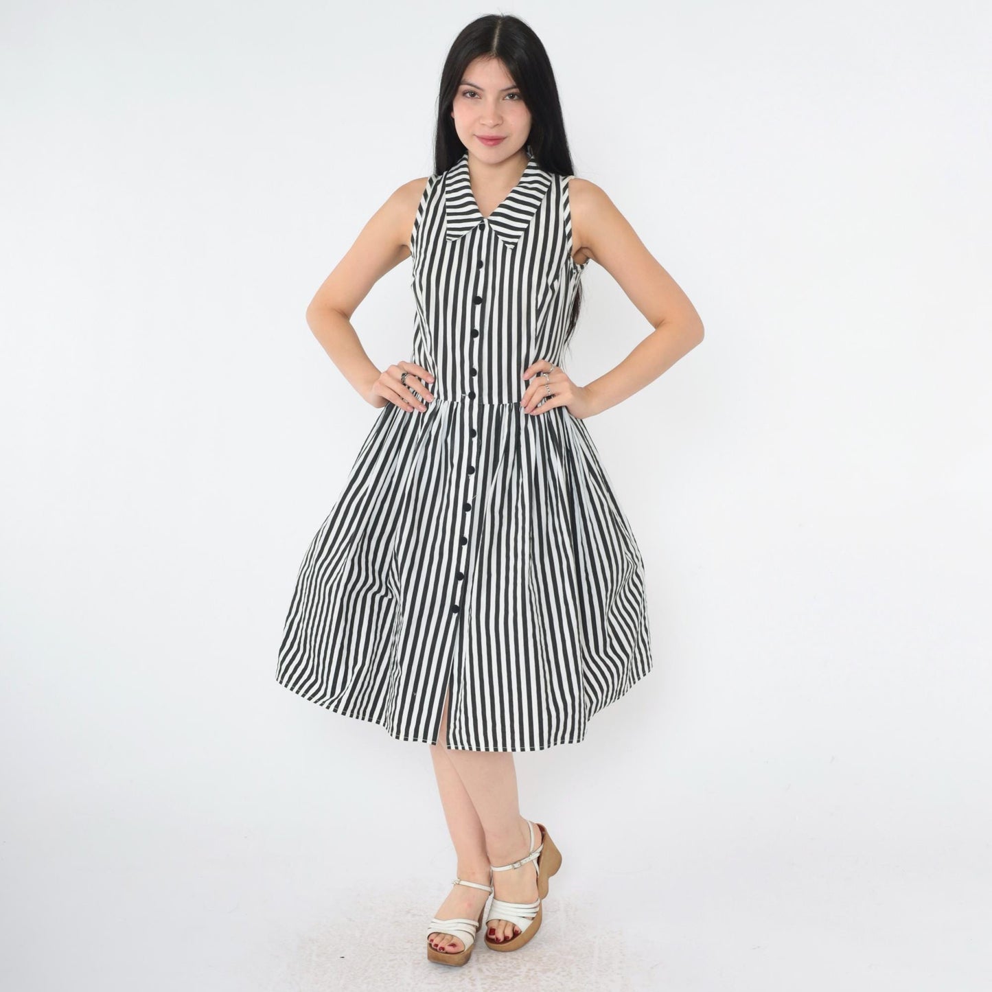 Y2K Black White Striped Shirtdress Knee Length Sleeveless High Waist Extra Small