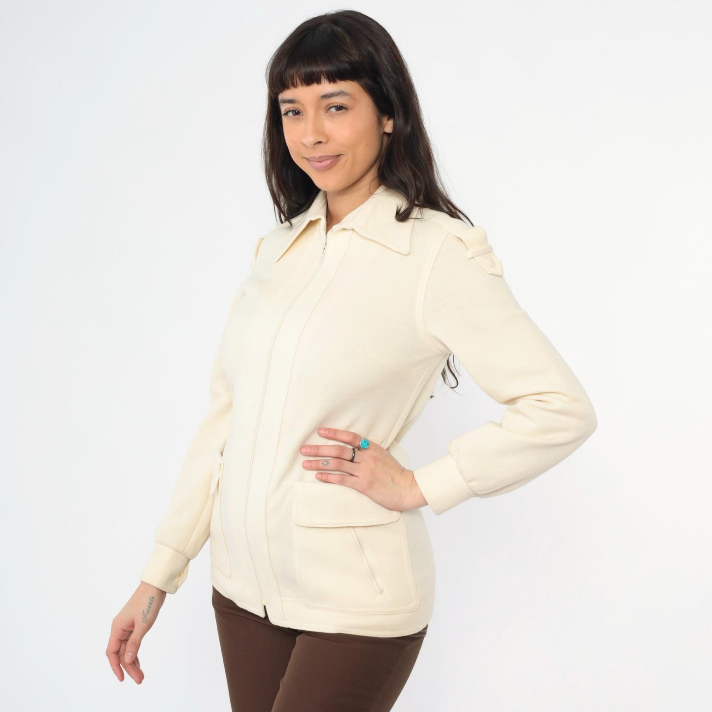 70s Cream Knit Zip Jacket Epaulettes Pointed Collar Small S