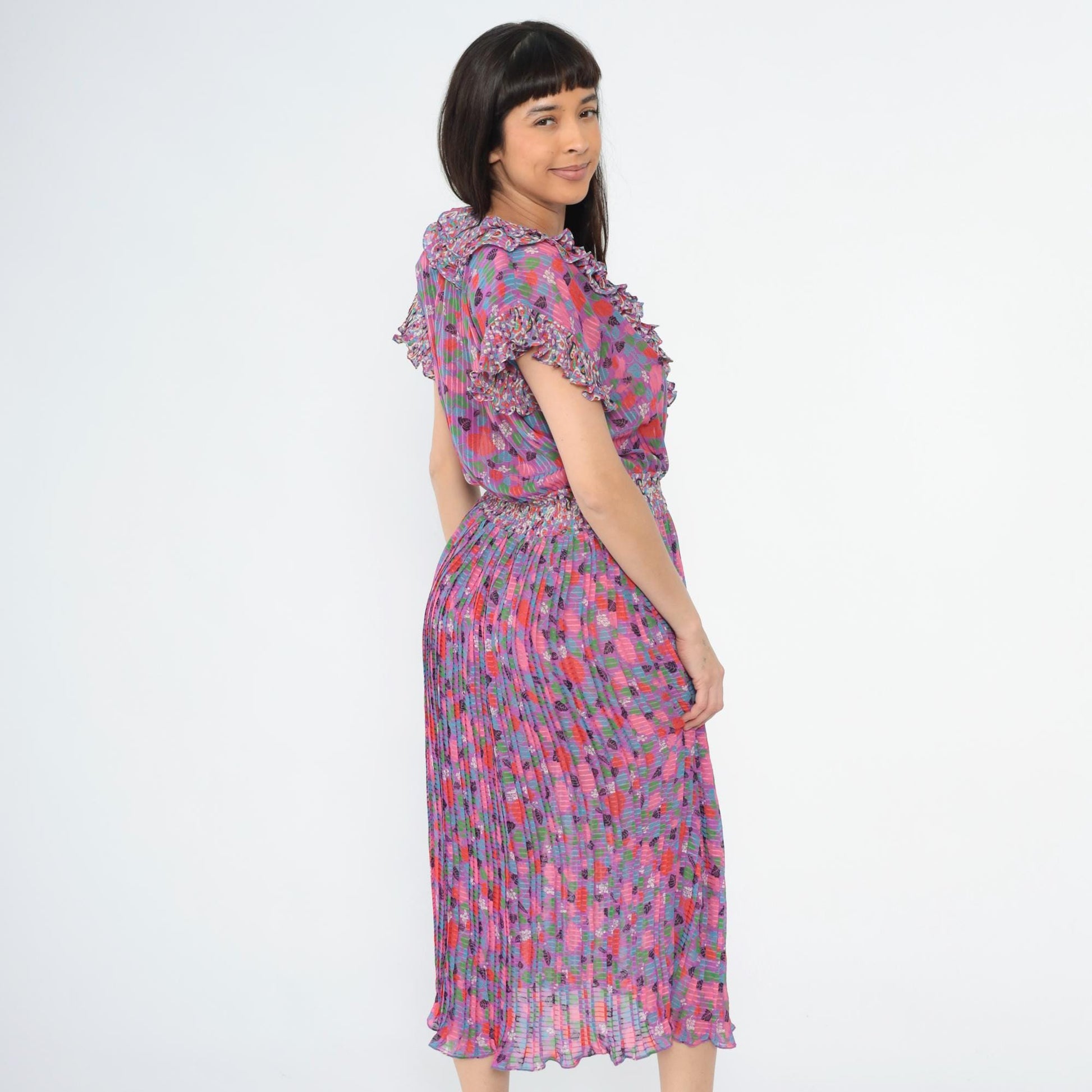 80s Diane Freis Floral Midi Dress Deep V Ruffle Cap Sleeve Purple Pink Small Medium
