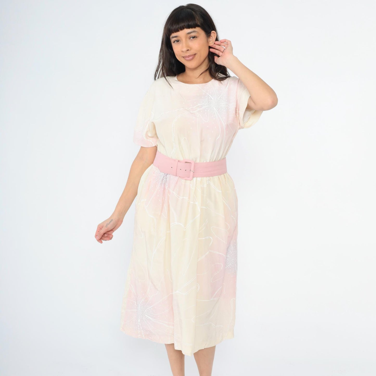 80s Pastel Floral Midi Dress Keyhole Back High Waist Belt Pink Yellow Small