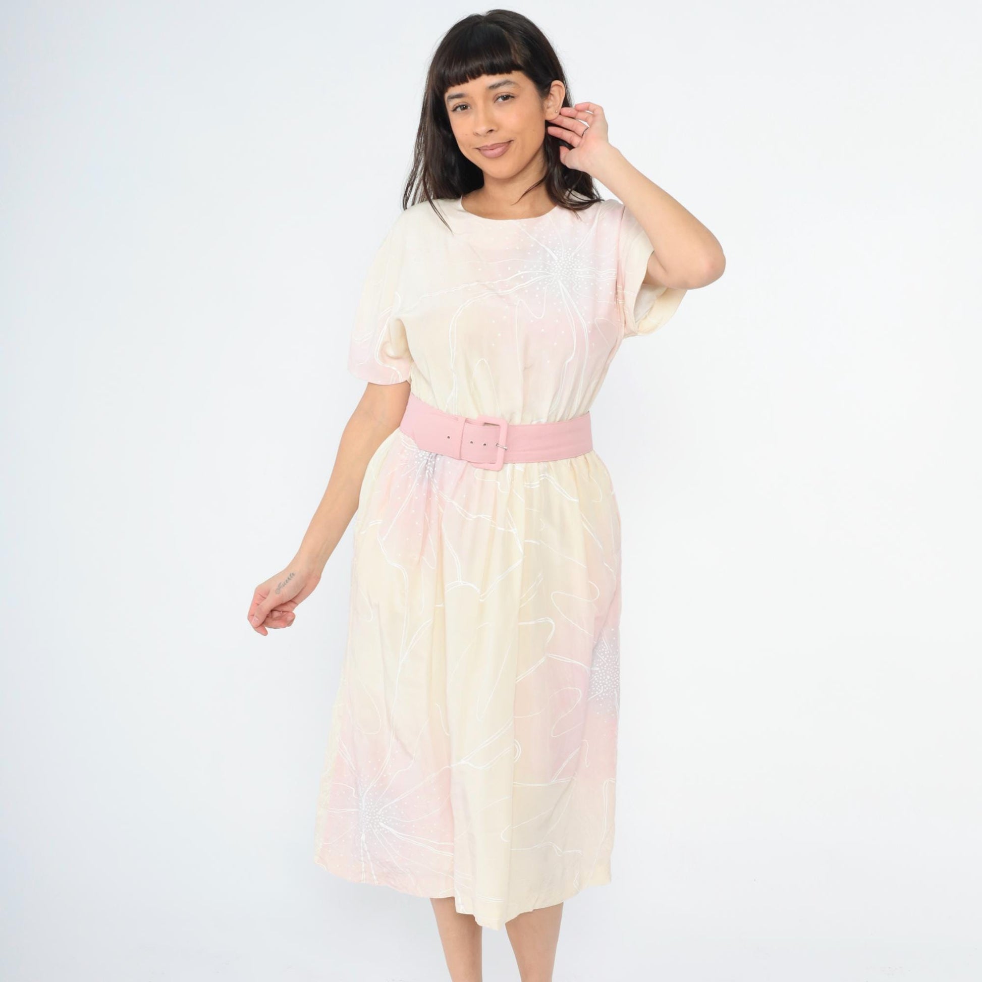 80s Pastel Floral Midi Dress Keyhole Back High Waist Belt Pink Yellow Small
