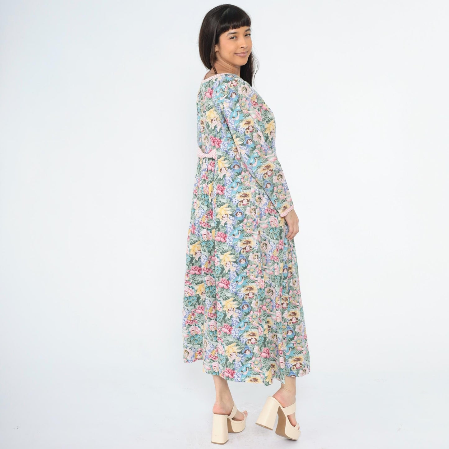 90s Floral Maxi Dress Flower Child Print Empire Waist Long Sleeve Medium Large
