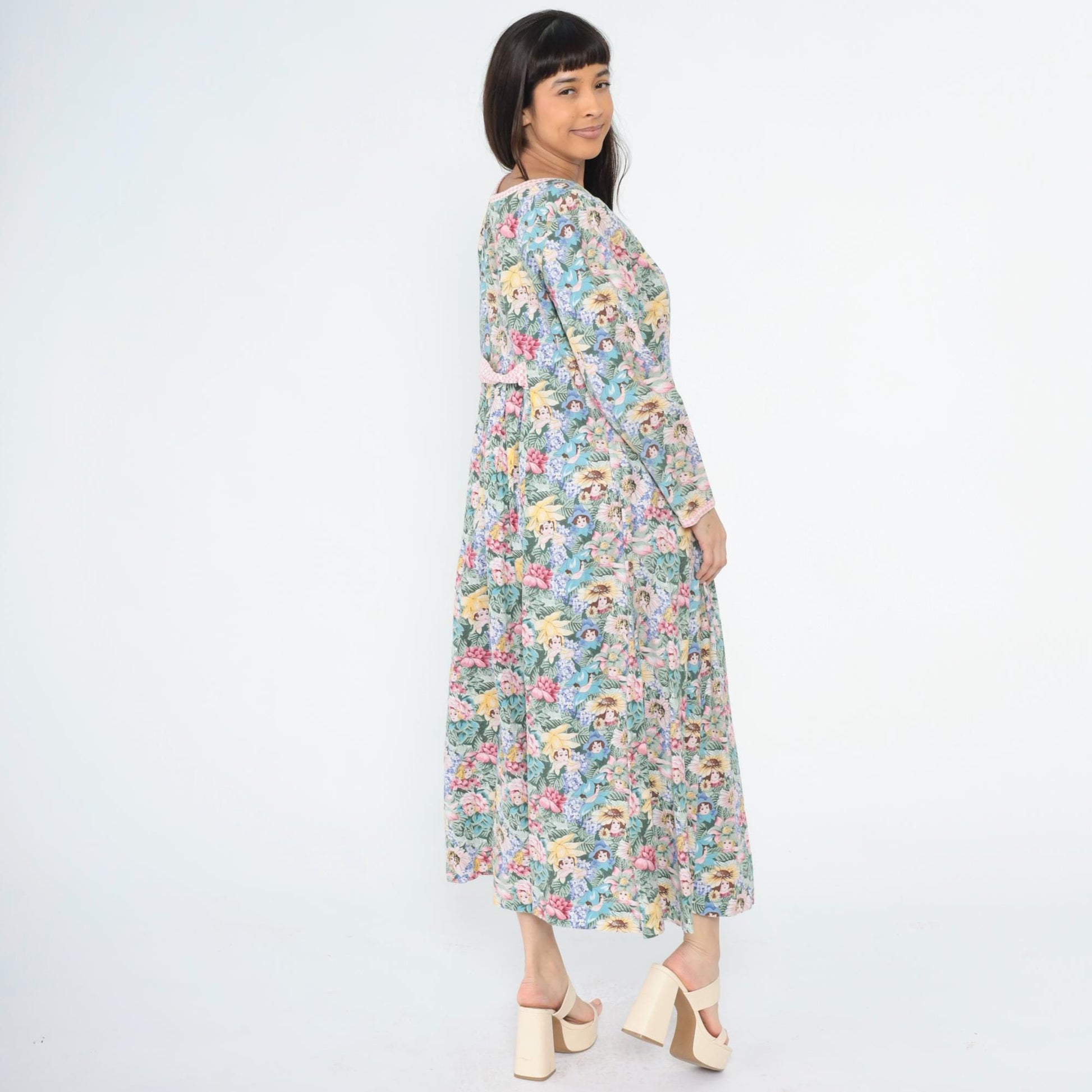90s Floral Maxi Dress Flower Child Print Empire Waist Long Sleeve Medium Large