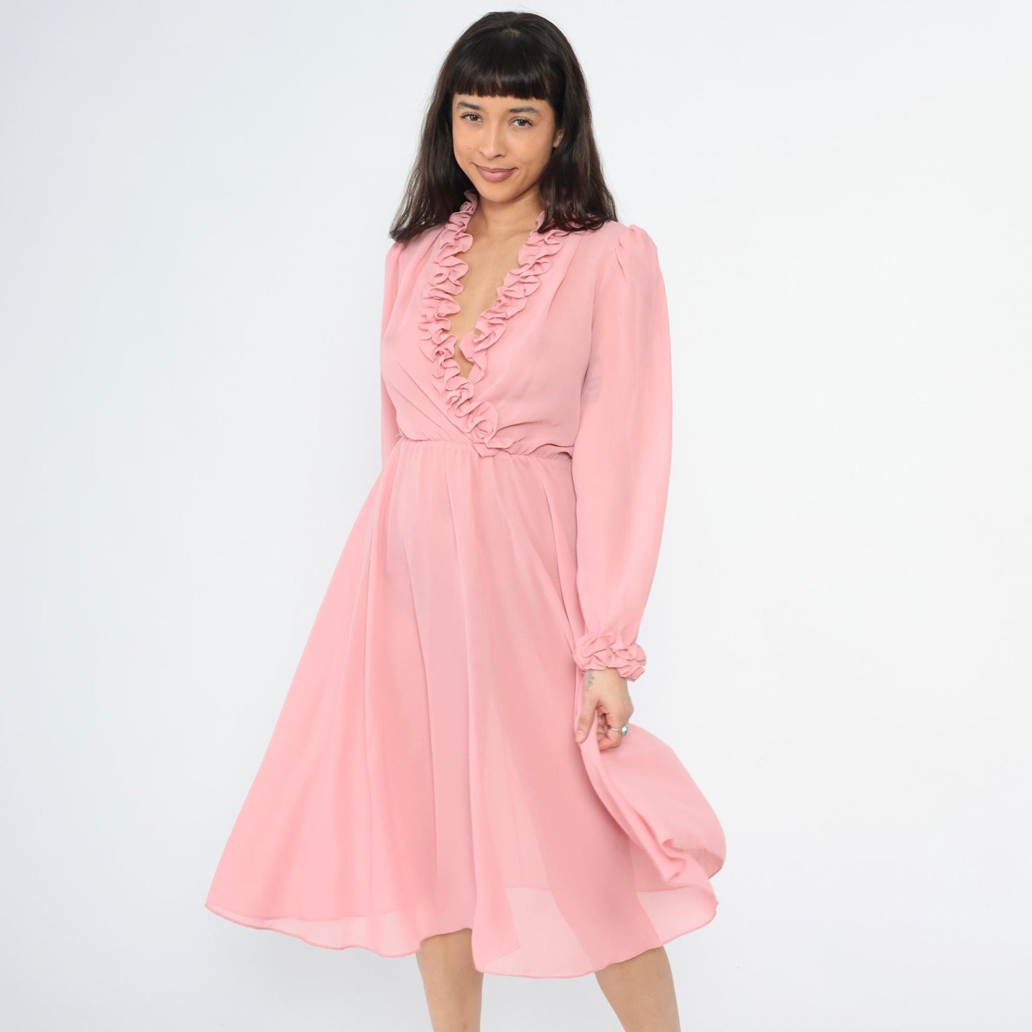 70s Ursula of Switzerland Pink Ruffle Midi Dress V-Neck Long Sleeve Medium M