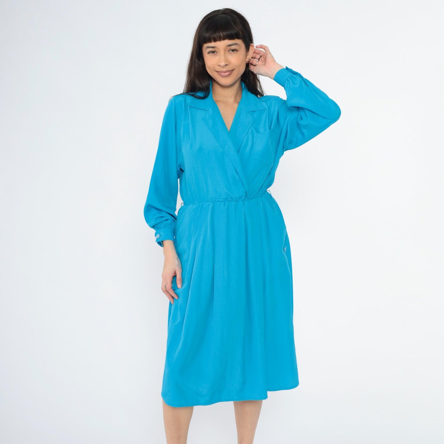 80s Leslie Fay Blue Midi Shirtdress Faux Wrap Collared Long Sleeve Medium