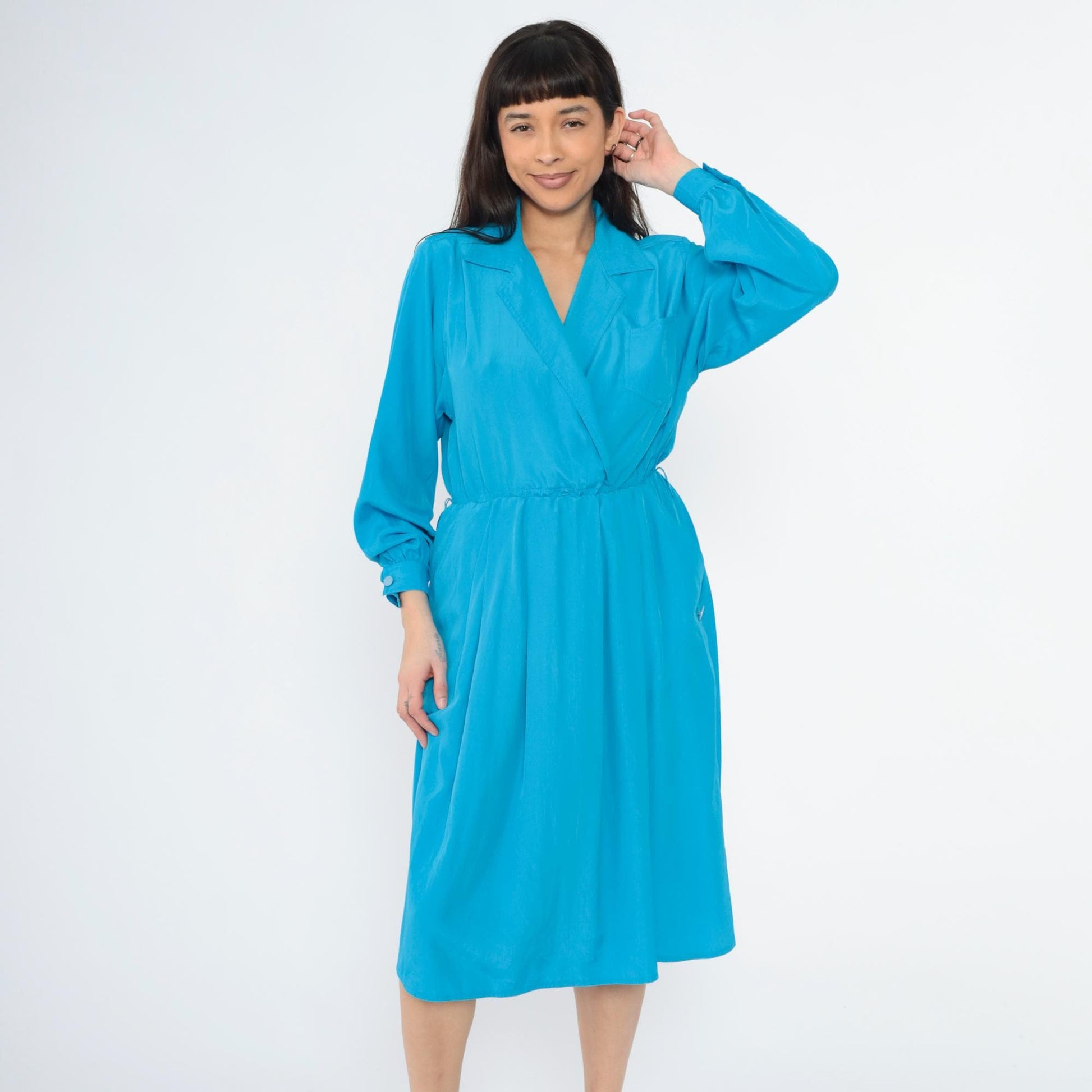 80s Leslie Fay Blue Midi Shirtdress Faux Wrap Collared Long Sleeve Medium