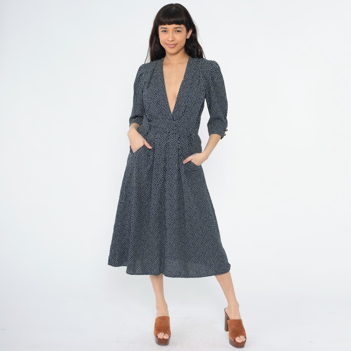 80s Navy Polka Dot Midi Dress Deep V Neck Puff Sleeve Pleated Small