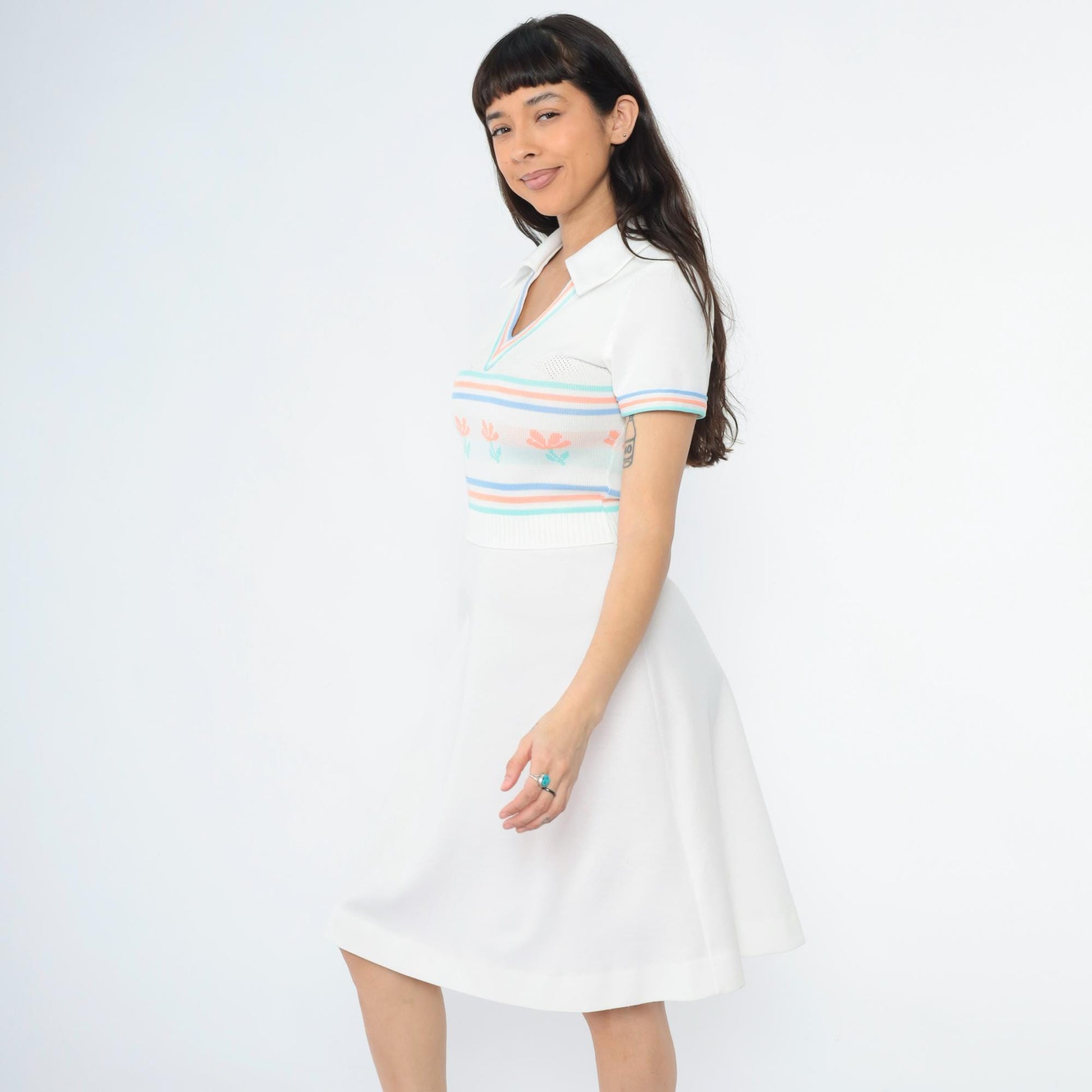70s White Knit Dress Floral Stripe Collared V-Neck Midi Small